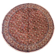 Semi Retro Round Circular Red Brown Navy Blue Ivory Floral Persian Bidjar Rug