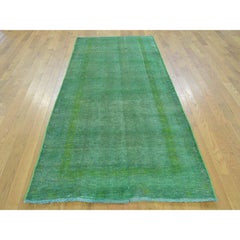 Semi Antique Runner Overdyed Tabriz Green Cast Handmade Rug