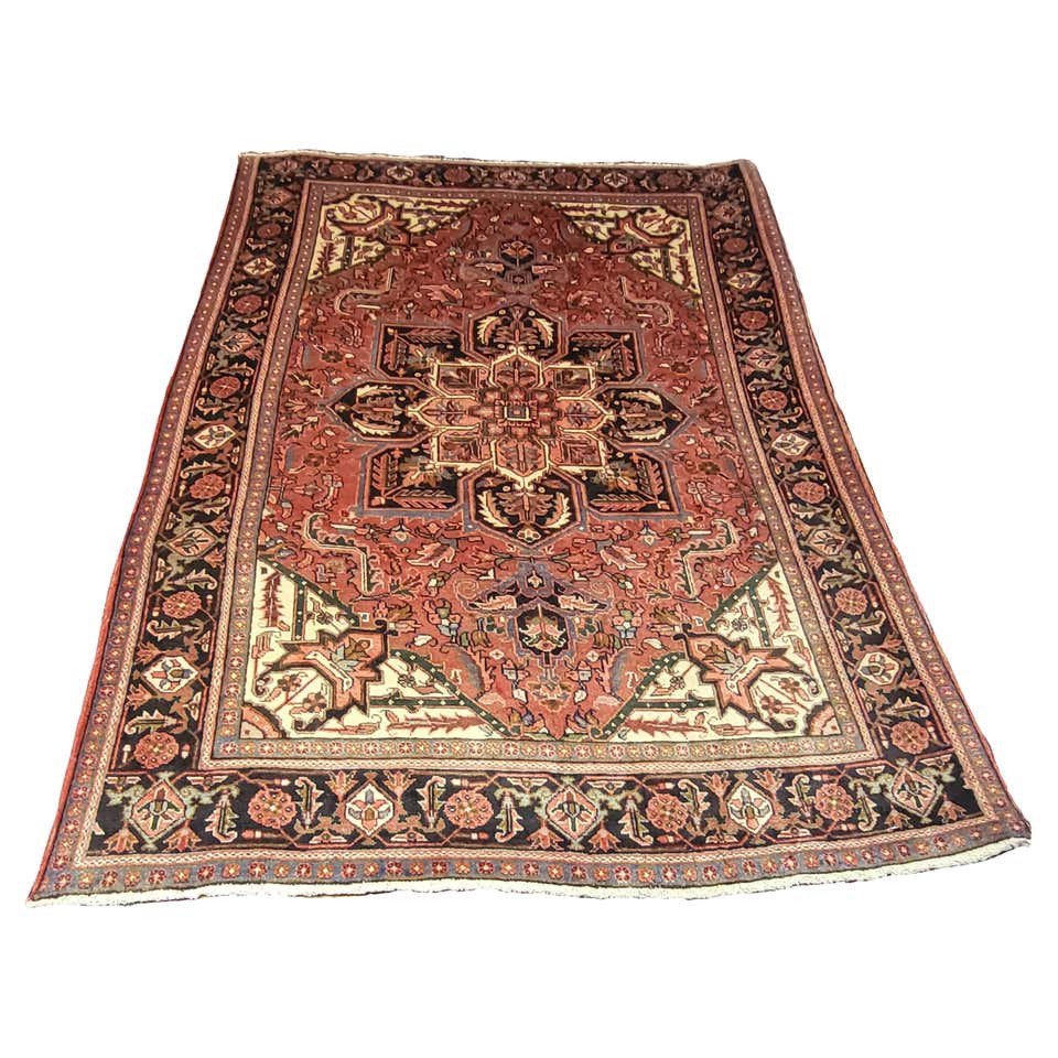 Antique Vintage Persian Rust Light Blue Geometric Tribal Heriz Area Rug ...