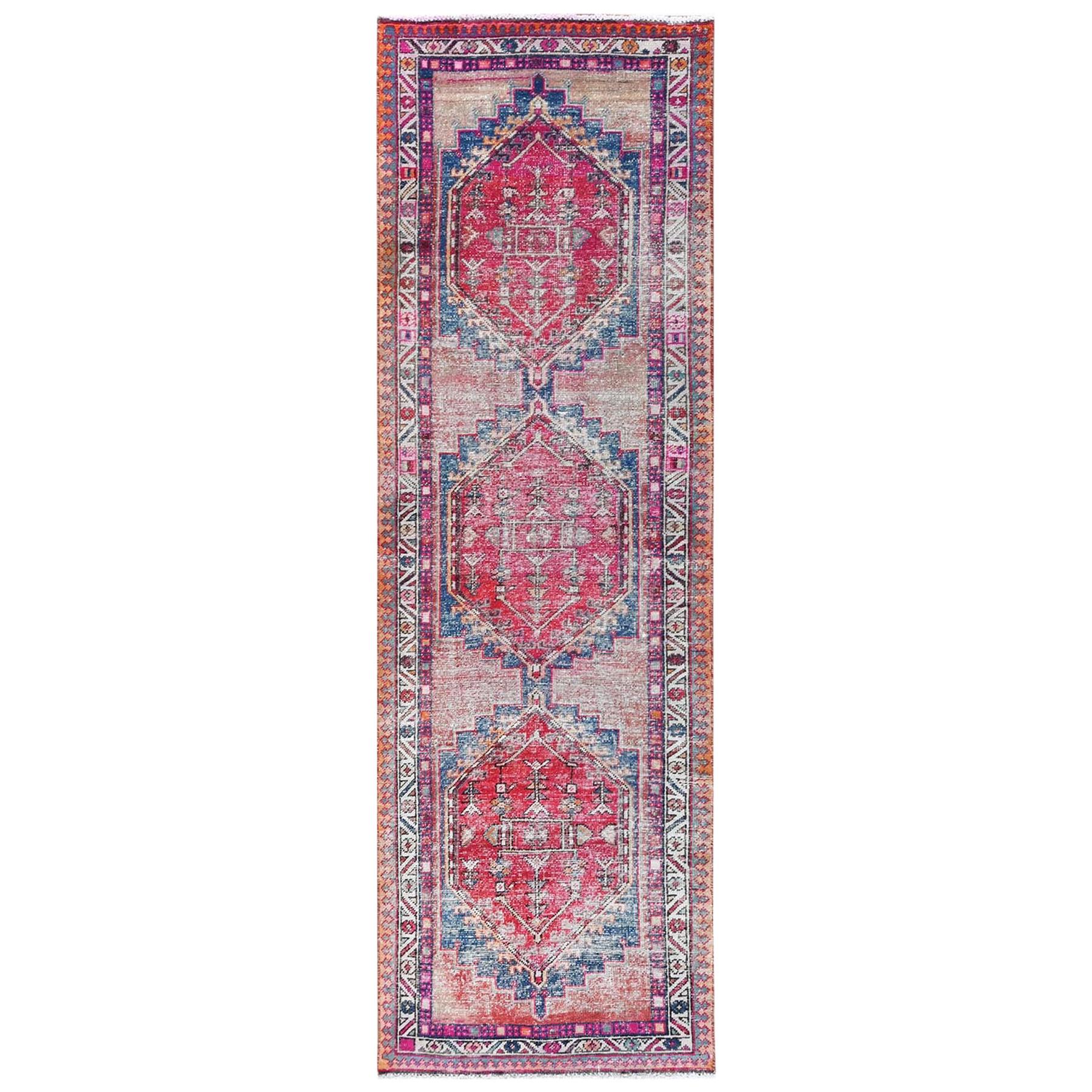 Semi Antique Sheared Low Wool Bohemian Pink Hand Knotted Persian Hamadan Rug