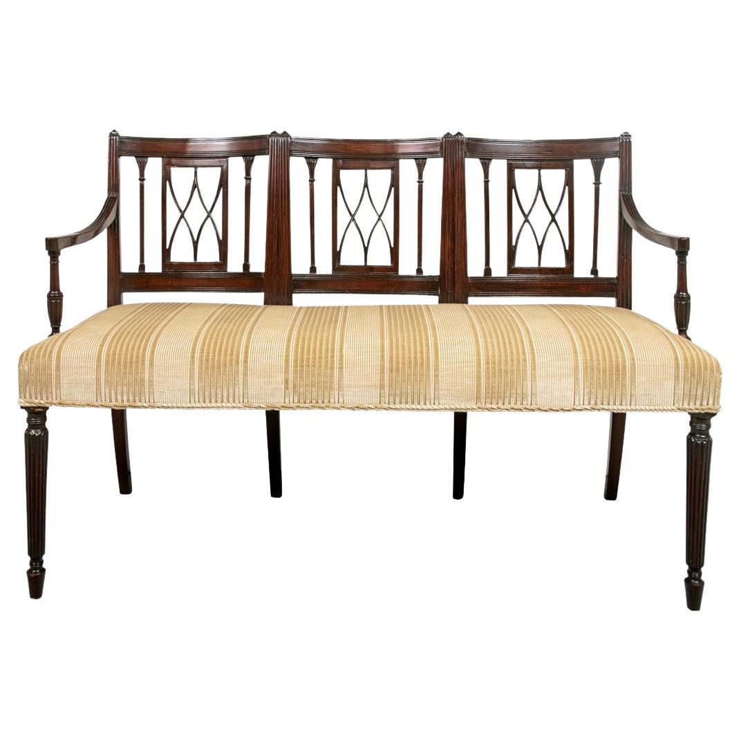 Semi Antique Sheraton Style Carved Mahogany Settee For Sale