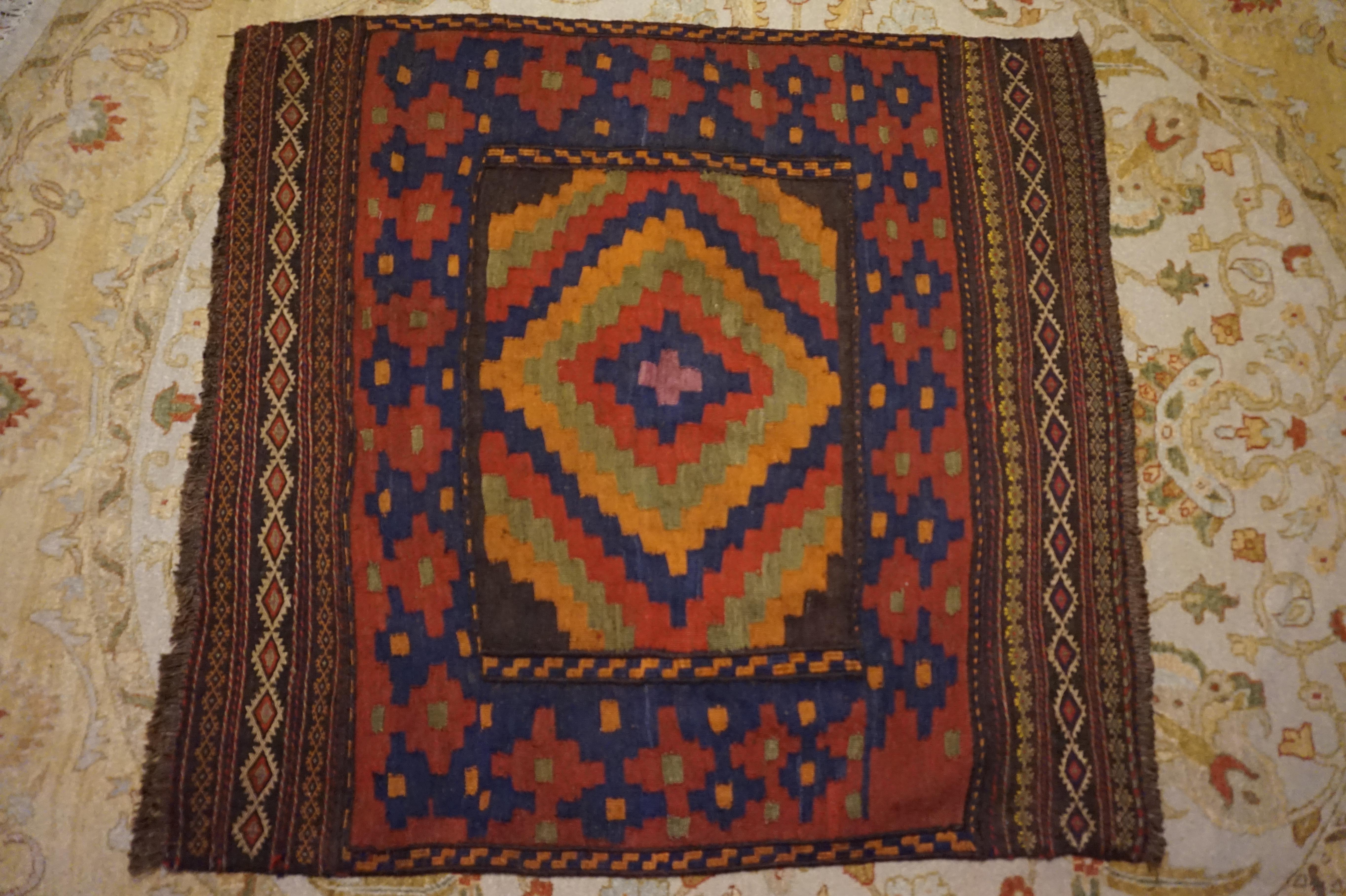 Semi Antique Square Hand-Knotted Flatweave Kilim Rug In Good Condition For Sale In Vancouver, British Columbia