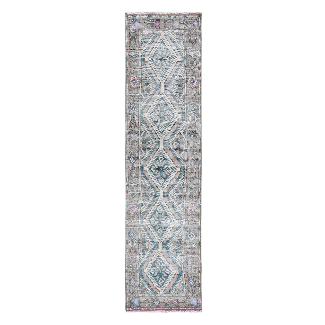 Semi Antique Blue Cast Sheared Low Persian Kerman Oriental Rug For Sale