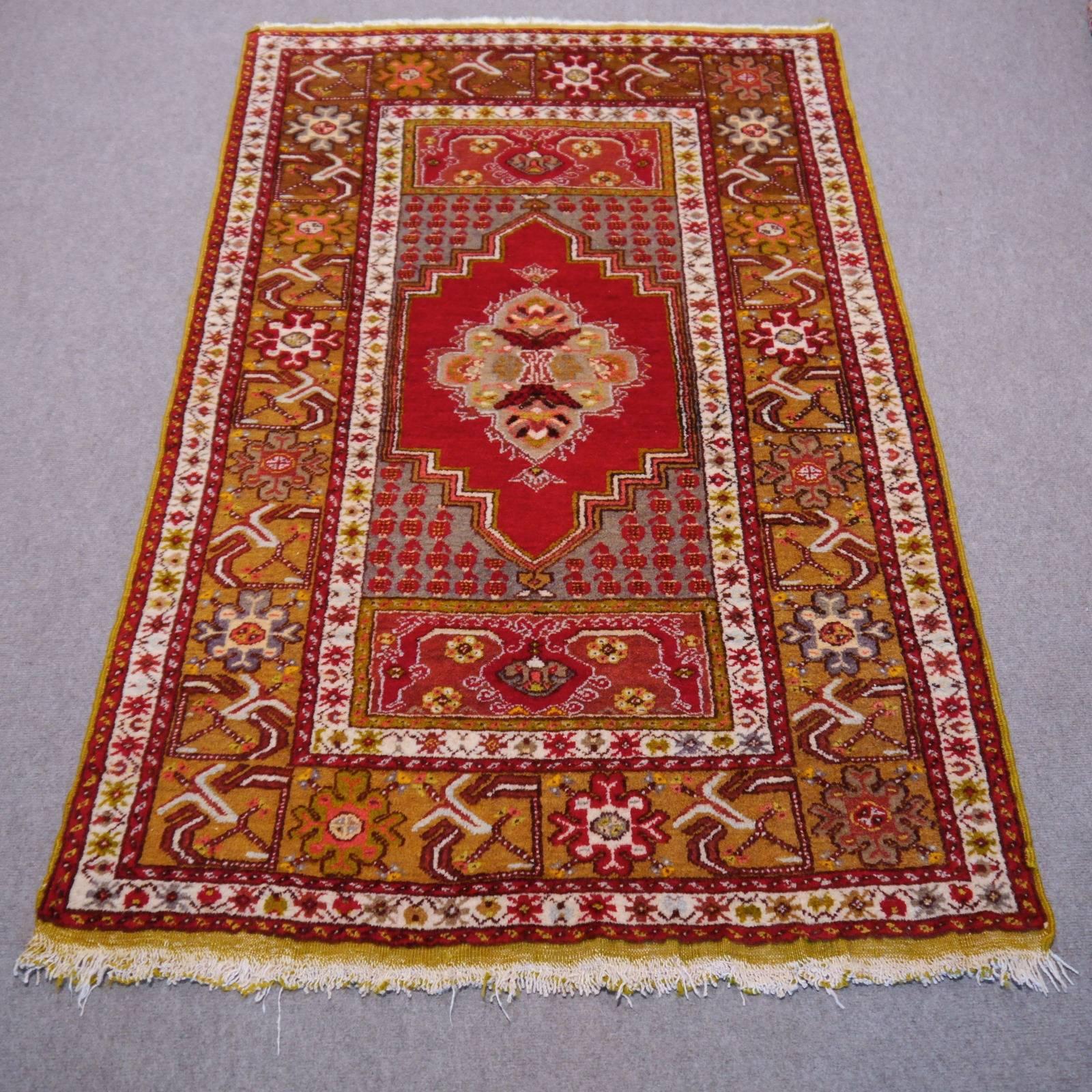Hand-Knotted Semi Antique Turkish Kirsehir Rug red and green For Sale