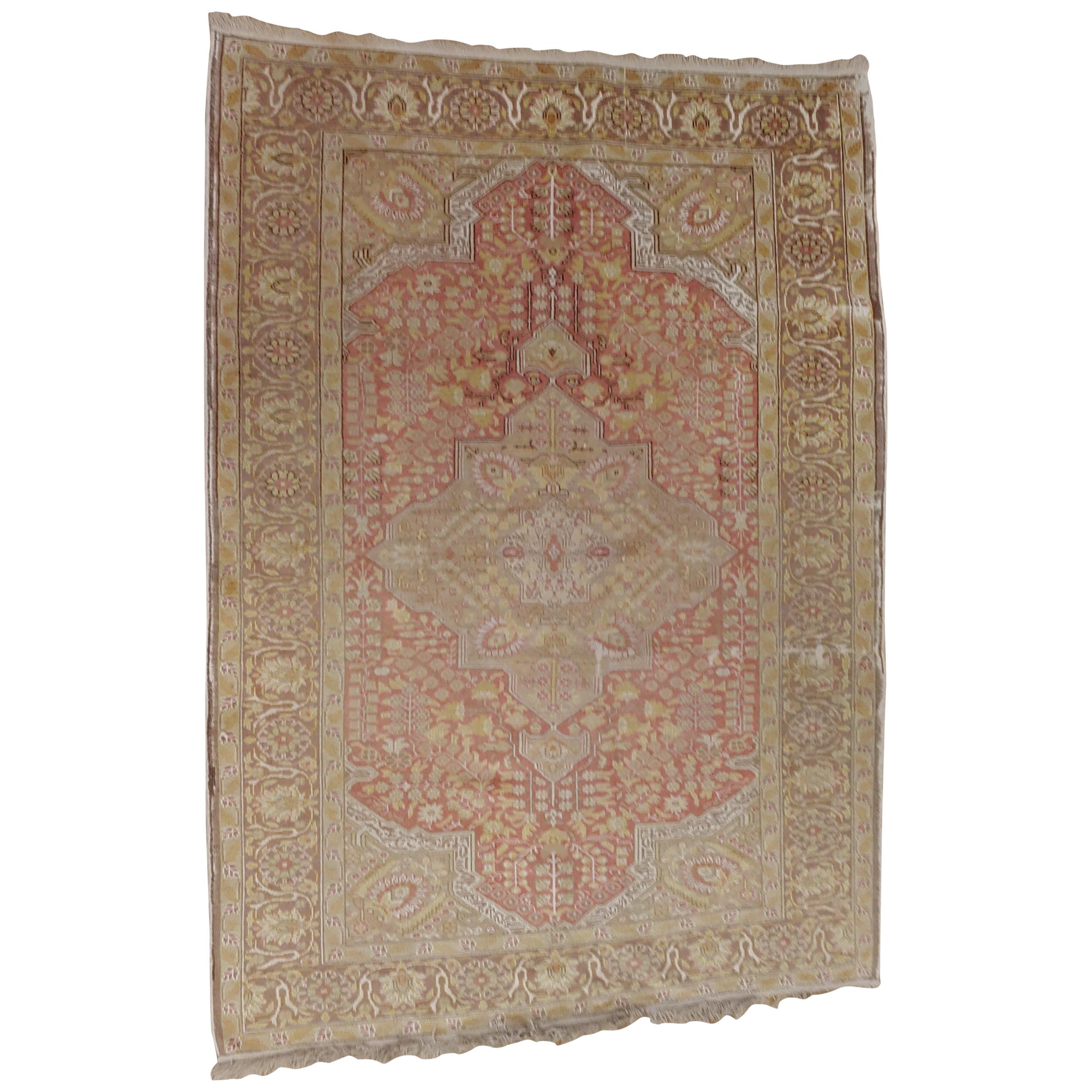 This semi-antique Turkish Sivas has very soft coral and taupe colors and the shabby chic look. It is 4-4 x 6 and has some wear consistent with the 'look'.