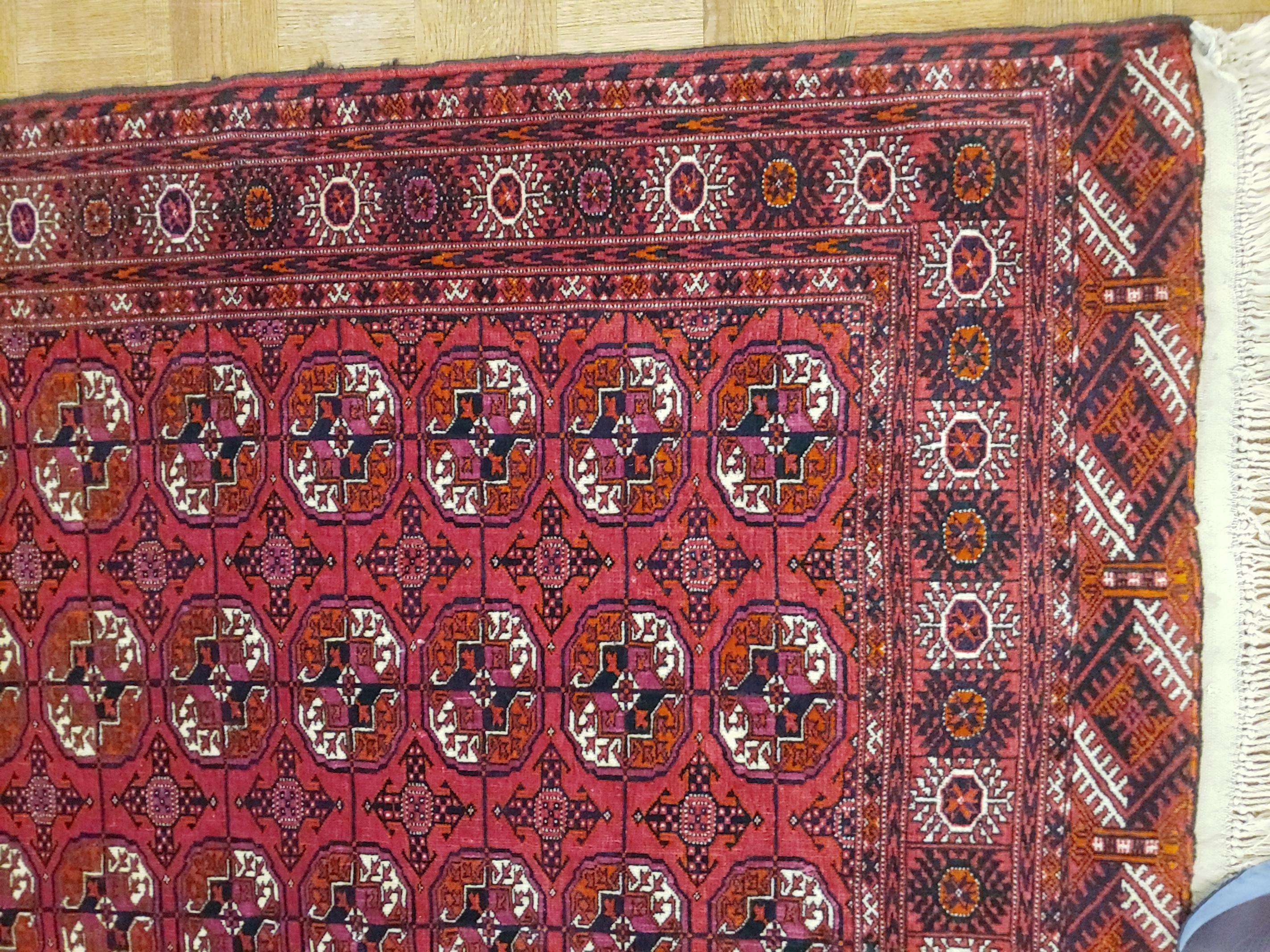 Woven Semi Antique Turkomen or Turkmenistan Very Fine Bohkara, Wool, Rich Red, 4x6 For Sale