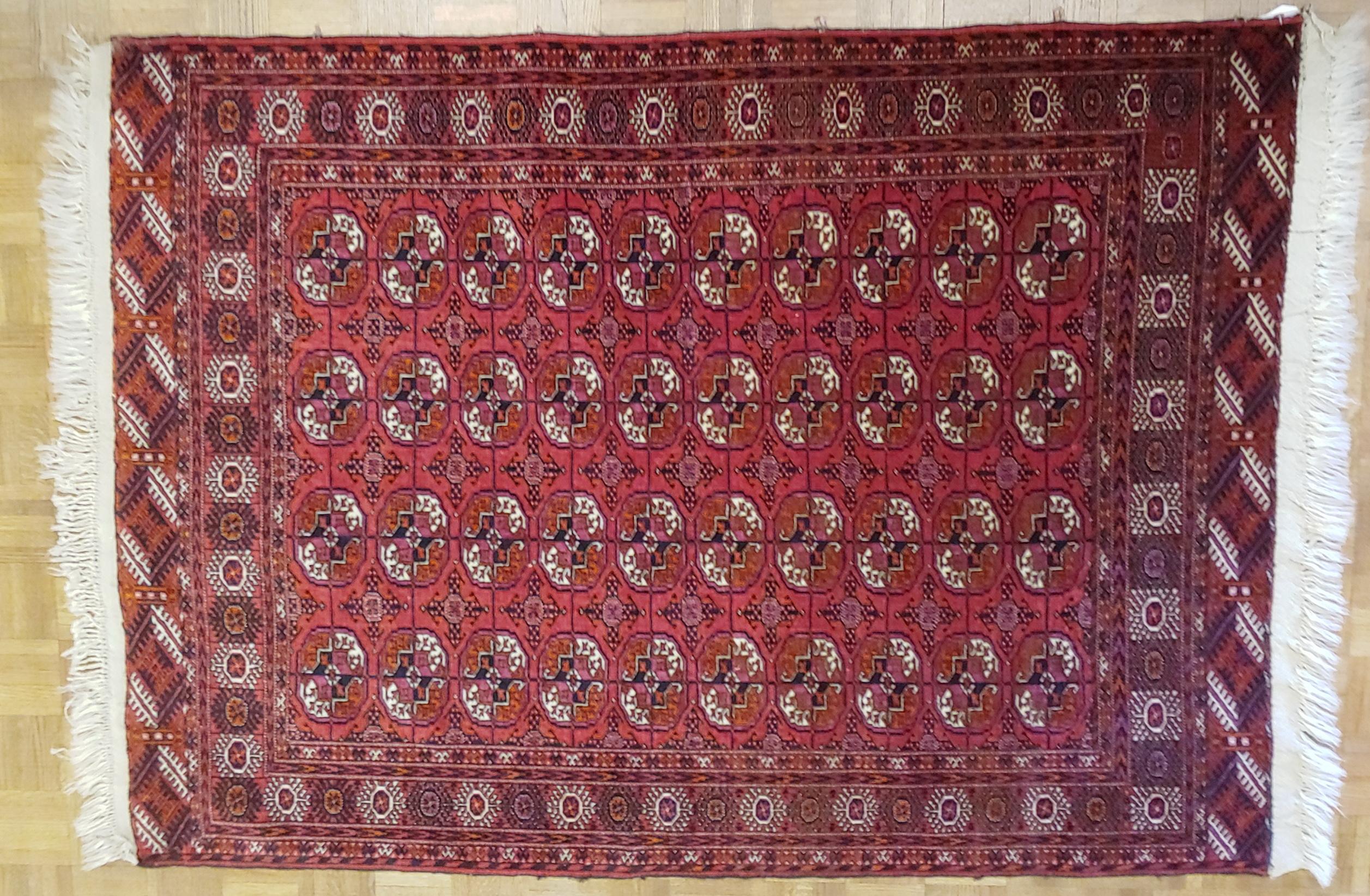 Mid-20th Century Semi Antique Turkomen or Turkmenistan Very Fine Bohkara, Wool, Rich Red, 4x6 For Sale
