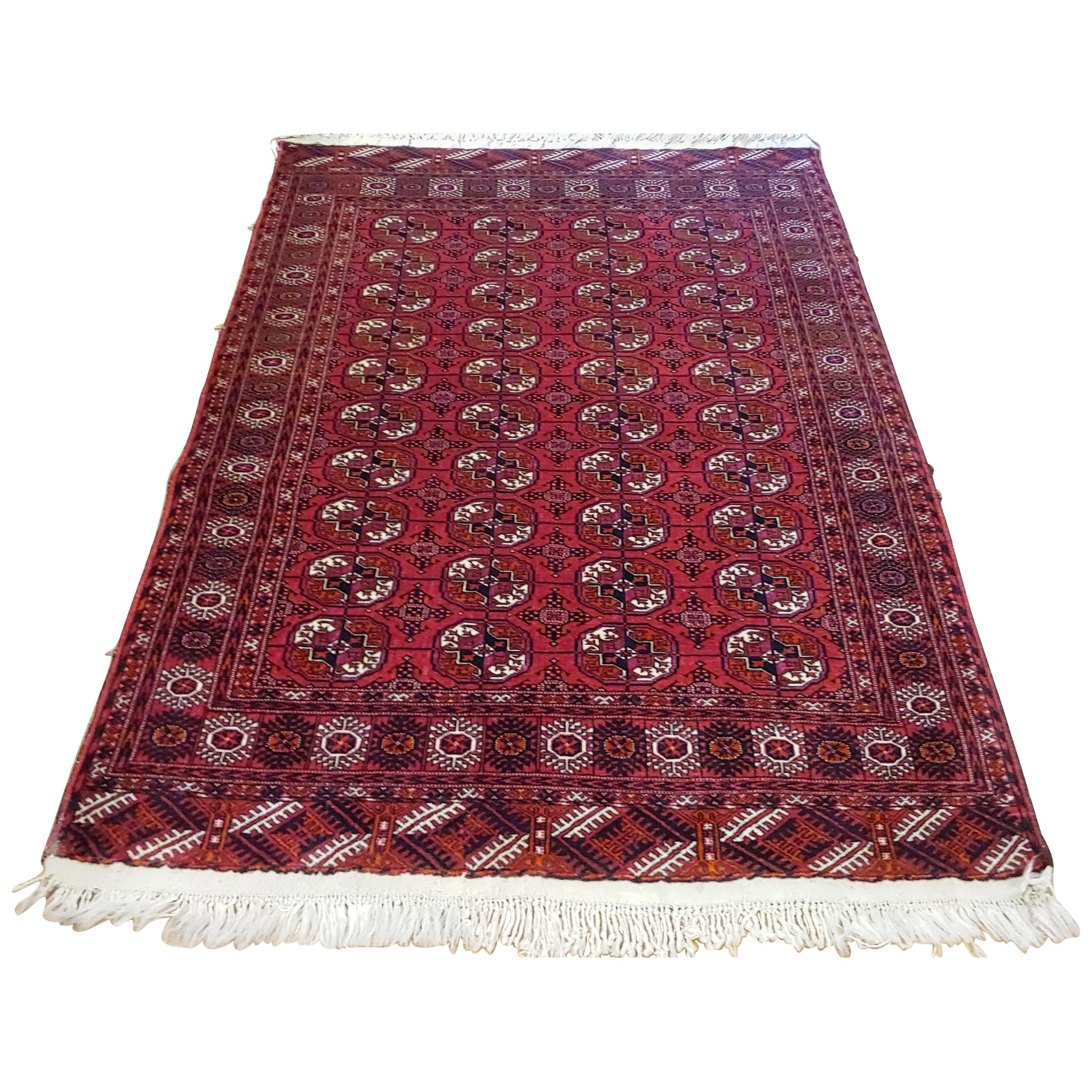 Semi Antique Turkomen or Turkmenistan Very Fine Bohkara, Wool, Rich Red, 4x6 For Sale