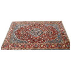 Semi-Antique Vintage Persian Kashan, Soft Red & Blue, Wool, Scatter Size, 1960