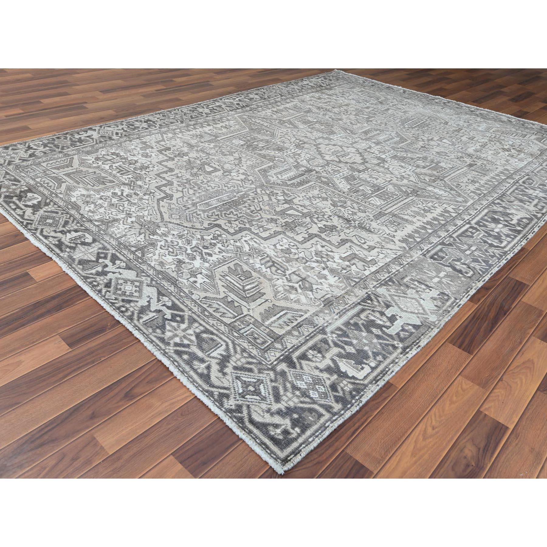 Hand-Knotted Semi Antique Washed Out Ivory Persian Heriz Oriental Rug