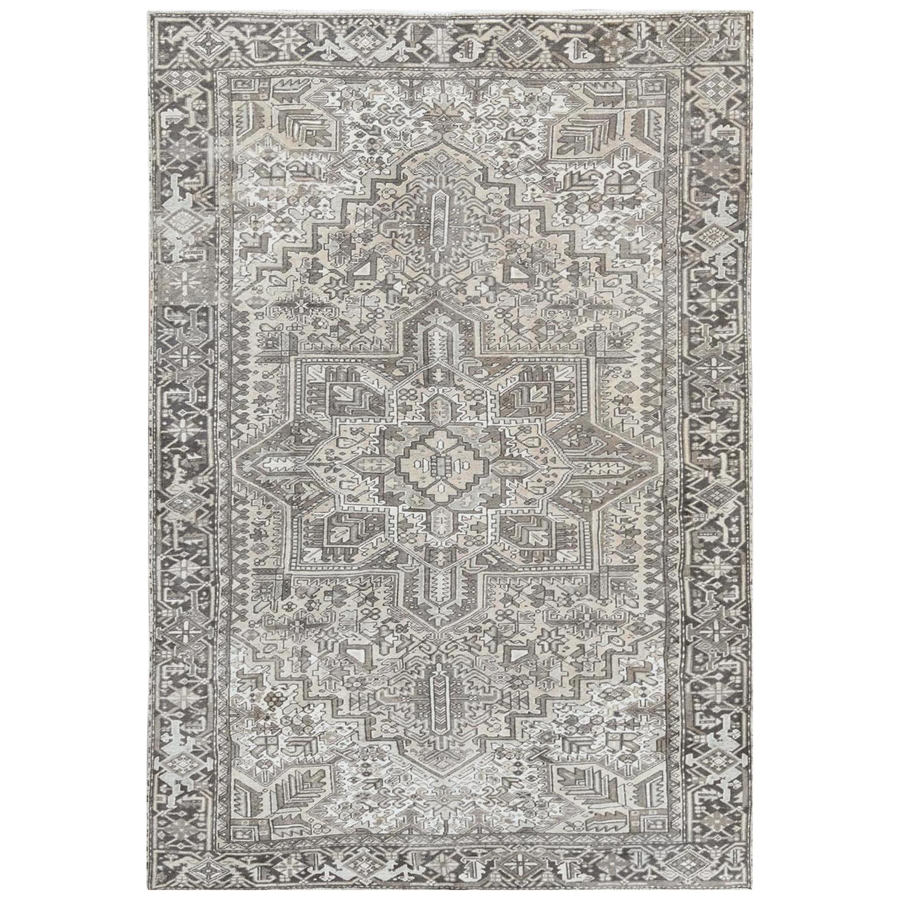 Semi Antique Washed Out Ivory Persian Heriz Oriental Rug