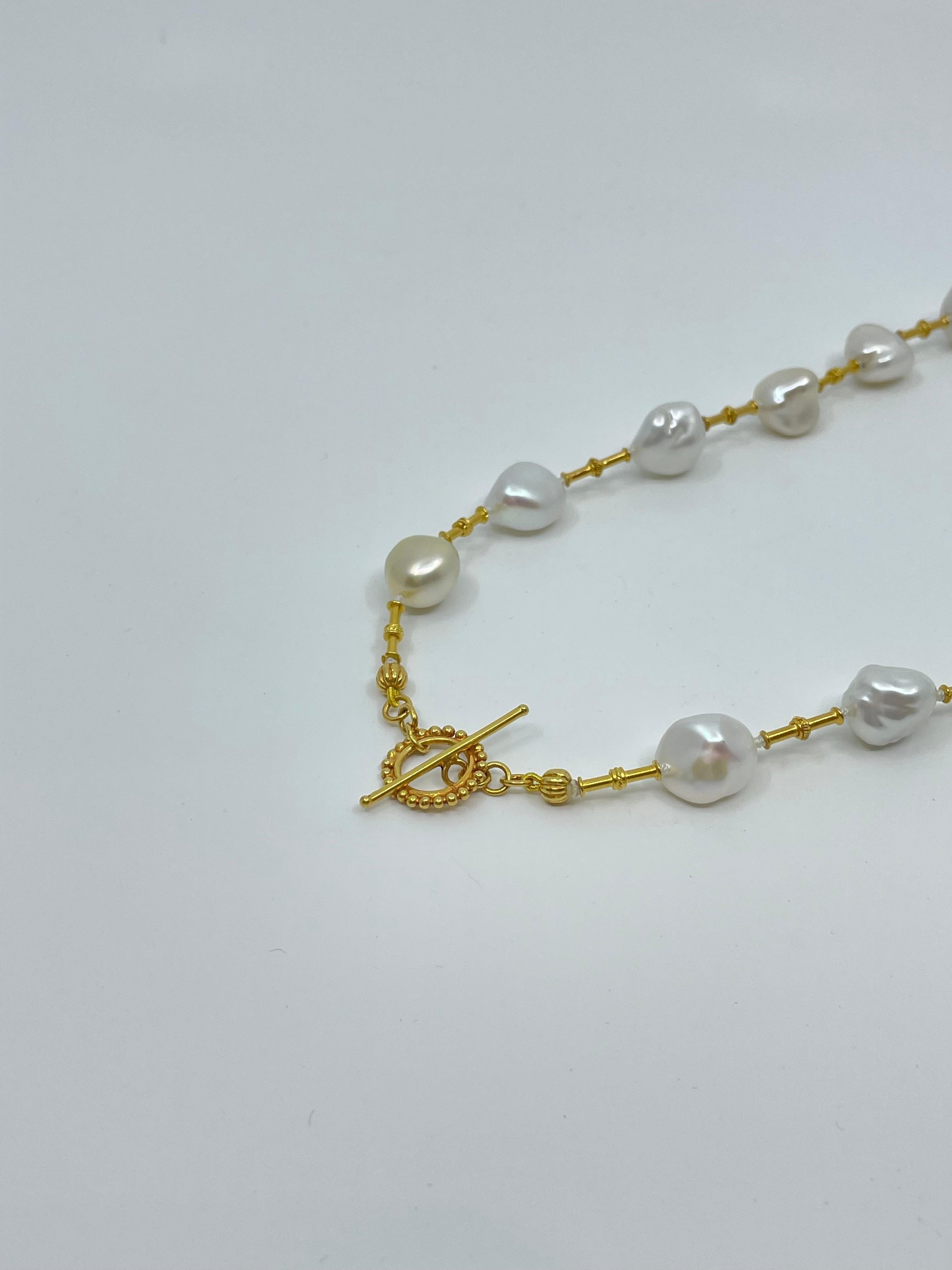Semi Baroque Pearl & 18K Gold Necklace For Sale 4