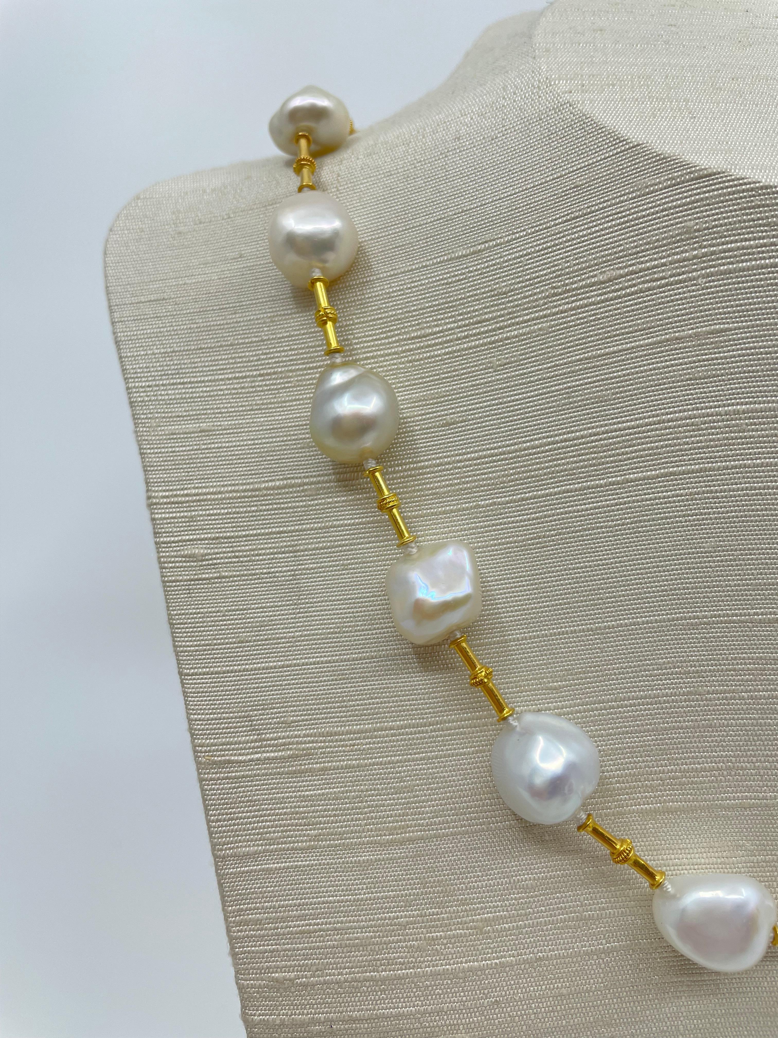 Women's or Men's Semi Baroque Pearl & 18K Gold Necklace For Sale