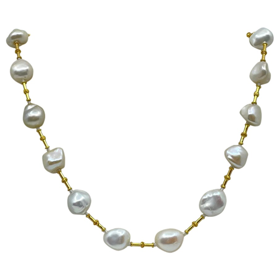 Semi Baroque Pearl 
18K Gold Necklace For Sale