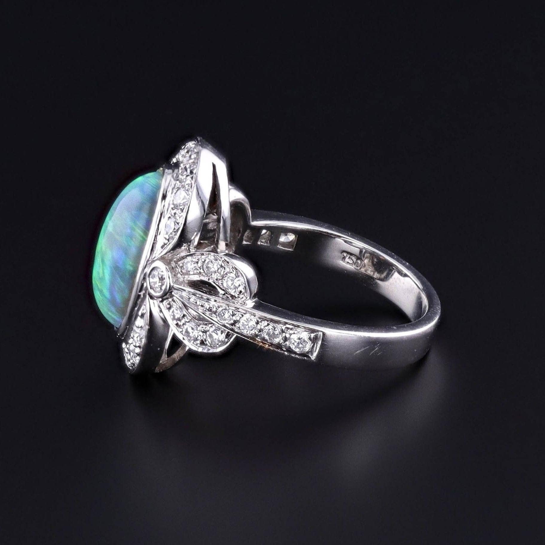 Brilliant Cut Semi Black Opal and Diamond Ring of 18k White Gold For Sale
