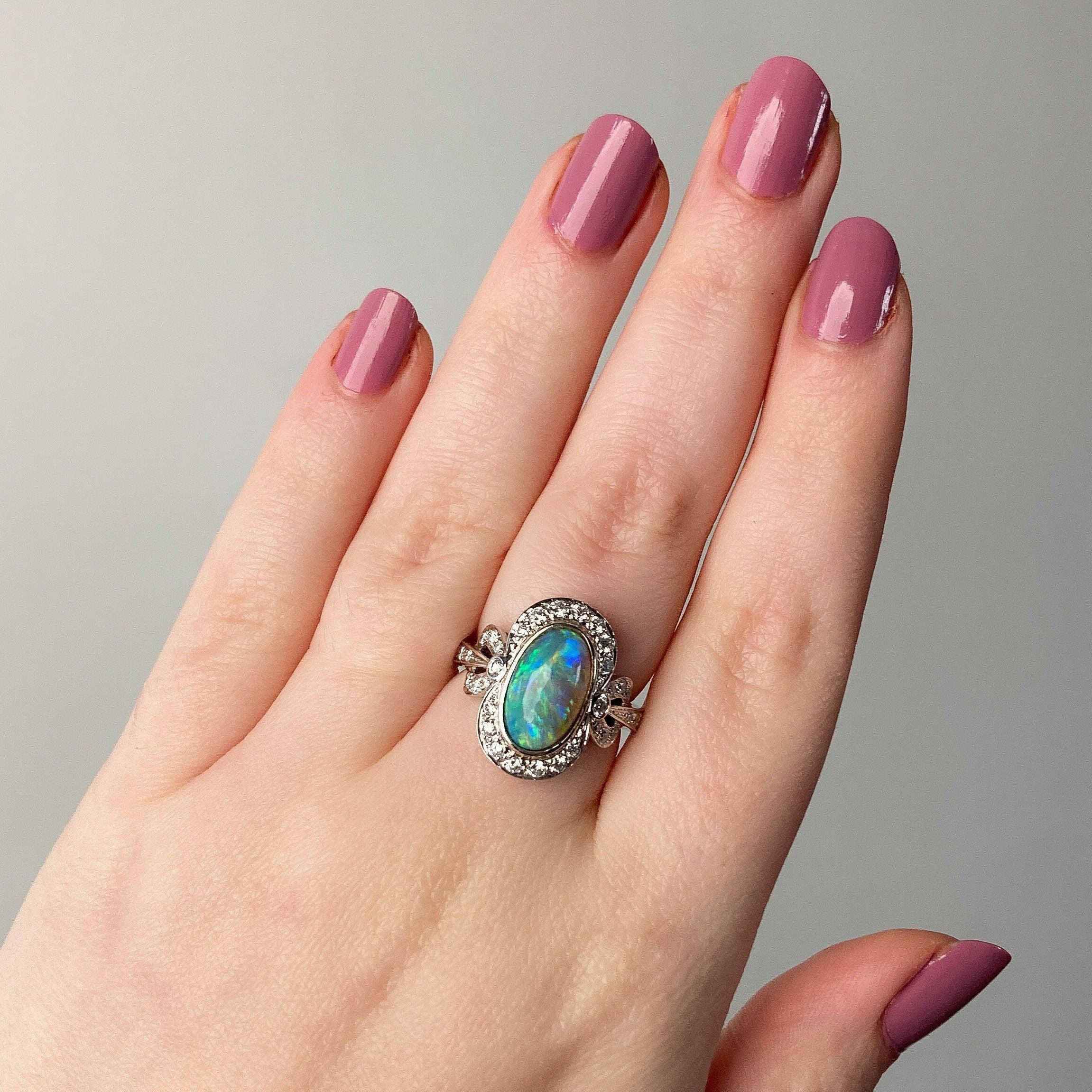 Semi Black Opal and Diamond Ring of 18k White Gold For Sale 1