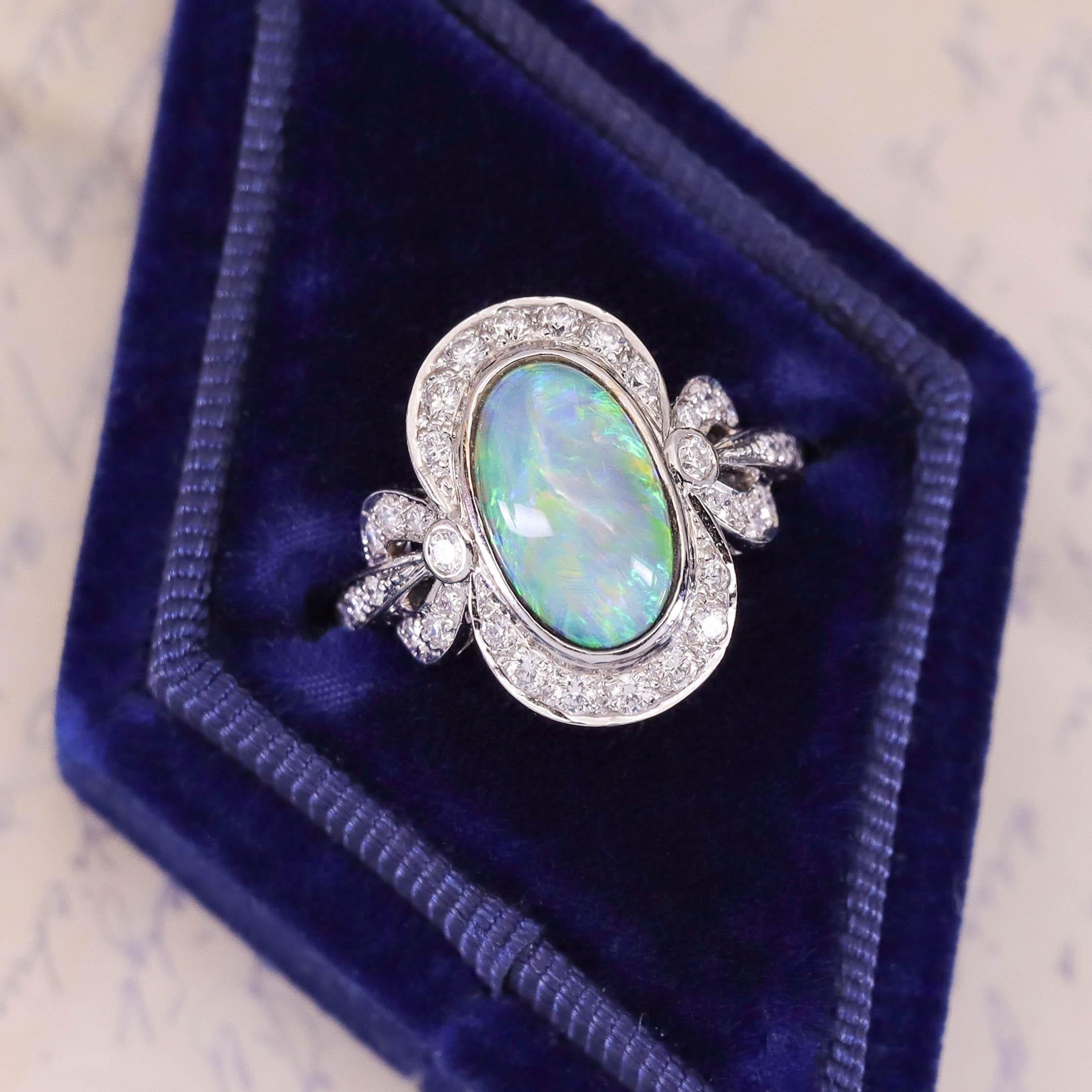 Semi Black Opal and Diamond Ring of 18k White Gold For Sale 2