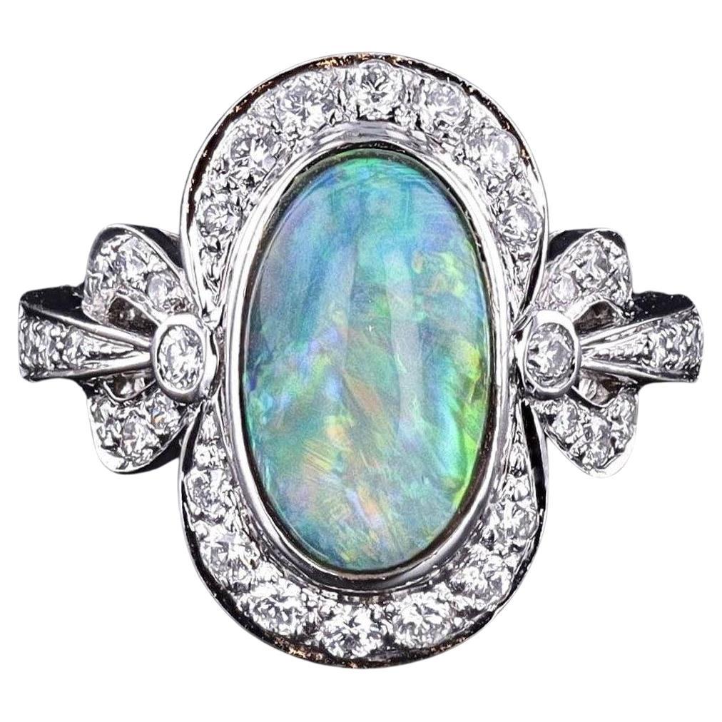 Semi Black Opal and Diamond Ring of 18k White Gold