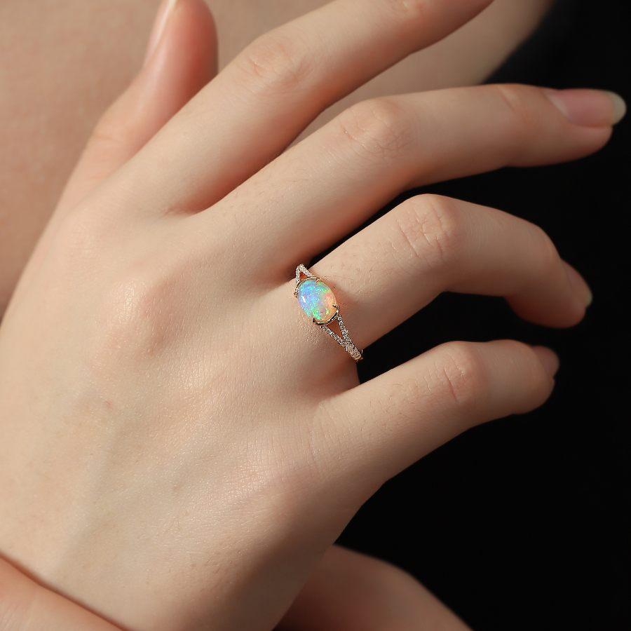 Brilliant Cut Semi Black Opal Split Shank Engagement Ring Pave Setting For Sale