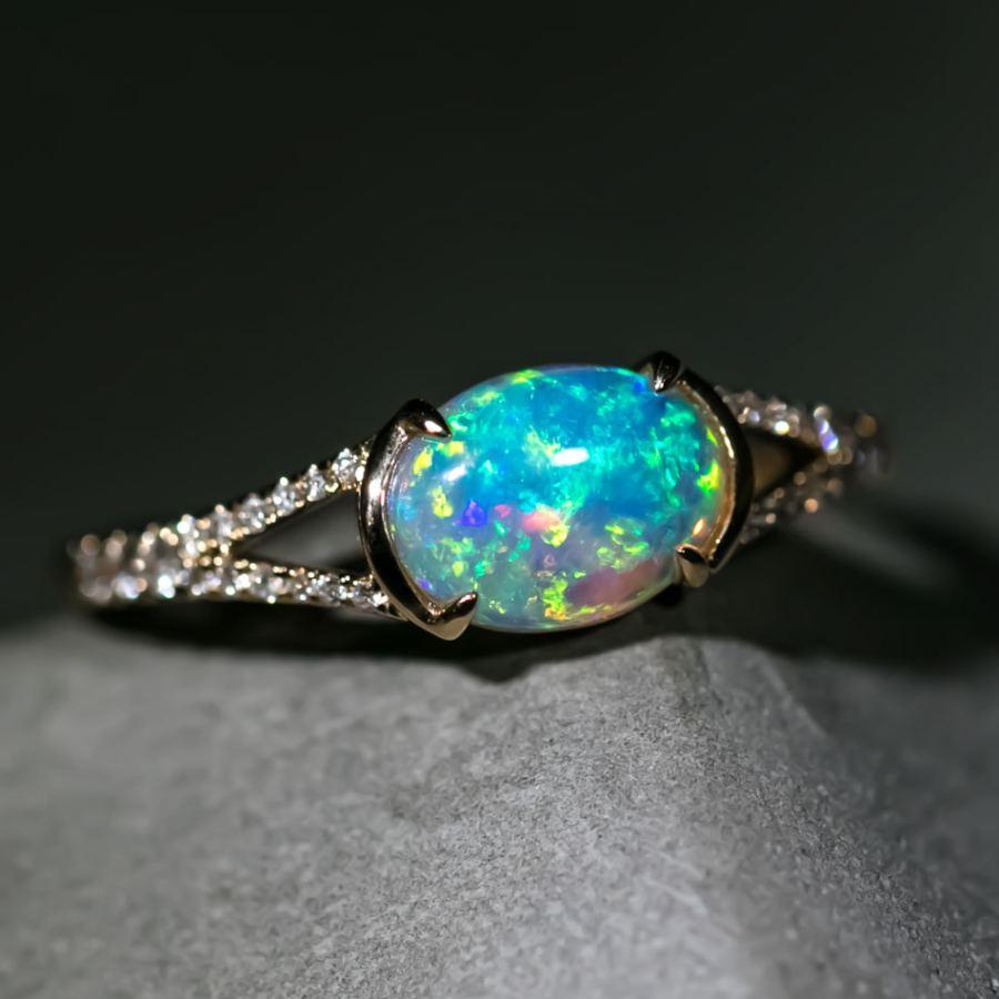 Semi Black Opal Split Shank Engagement Ring Pave Setting In New Condition For Sale In Suwanee, GA