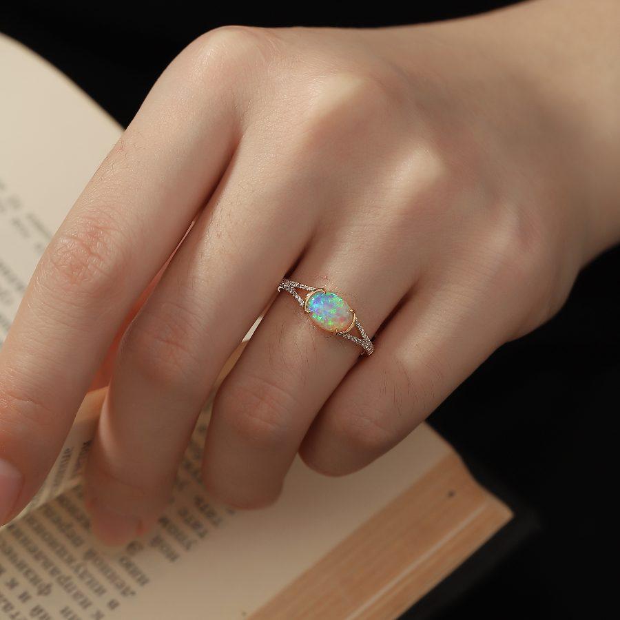 Women's Semi Black Opal Split Shank Engagement Ring Pave Setting For Sale