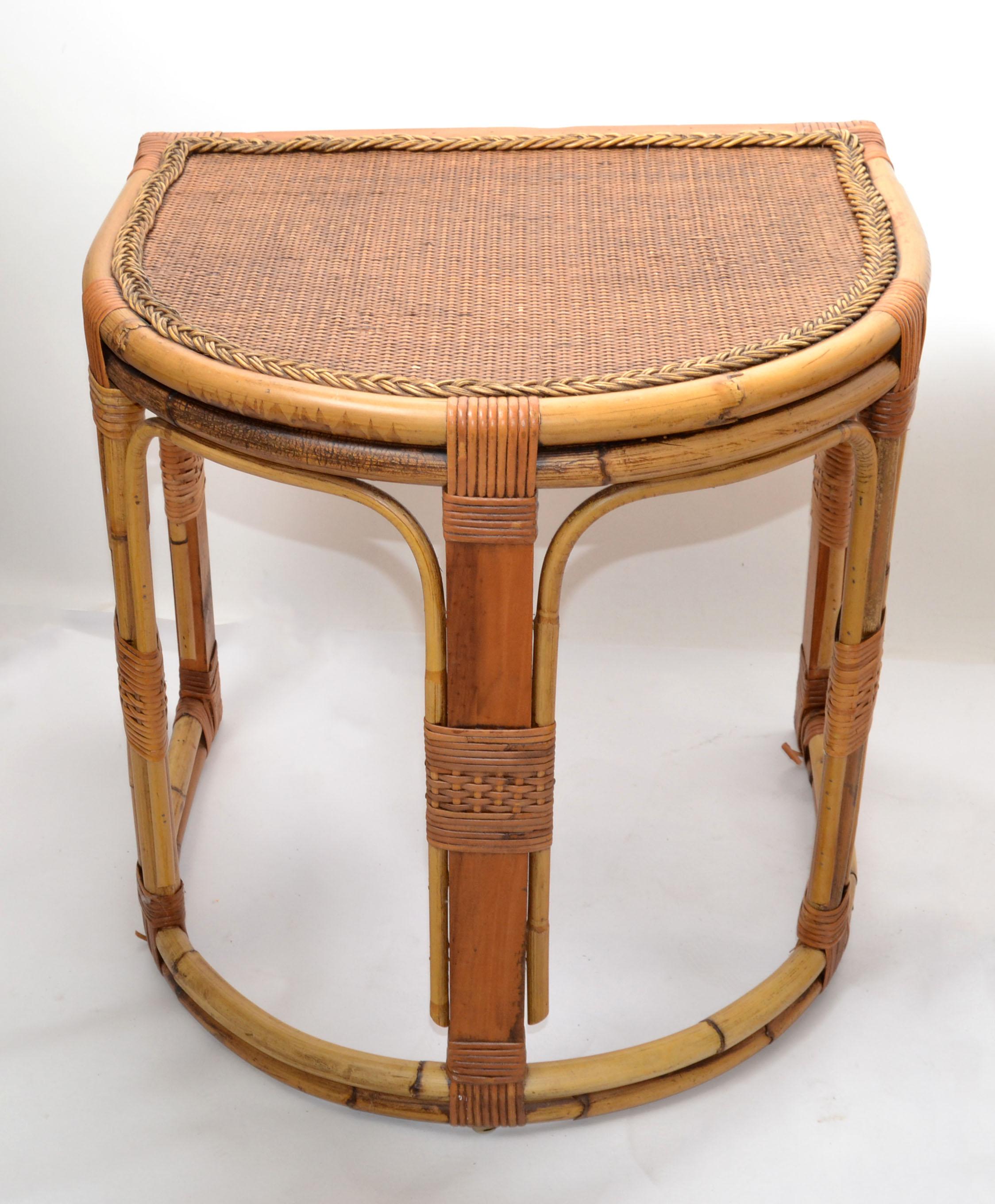 Semi-Circle Bamboo & Cane Nesting Tables / Stacking Tables Handcrafted, Set of 3 For Sale 3