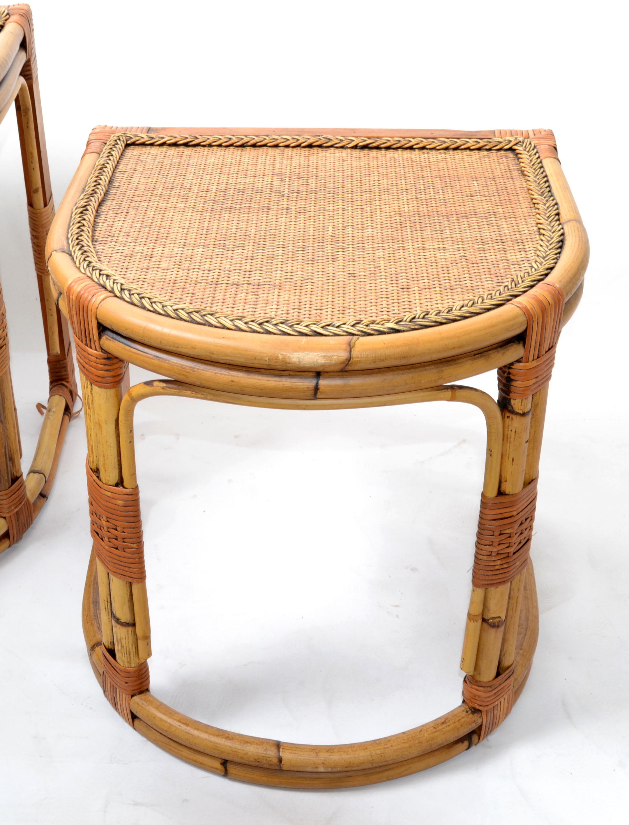 Semi-Circle Bamboo & Cane Nesting Tables / Stacking Tables Handcrafted, Set of 3 For Sale 4