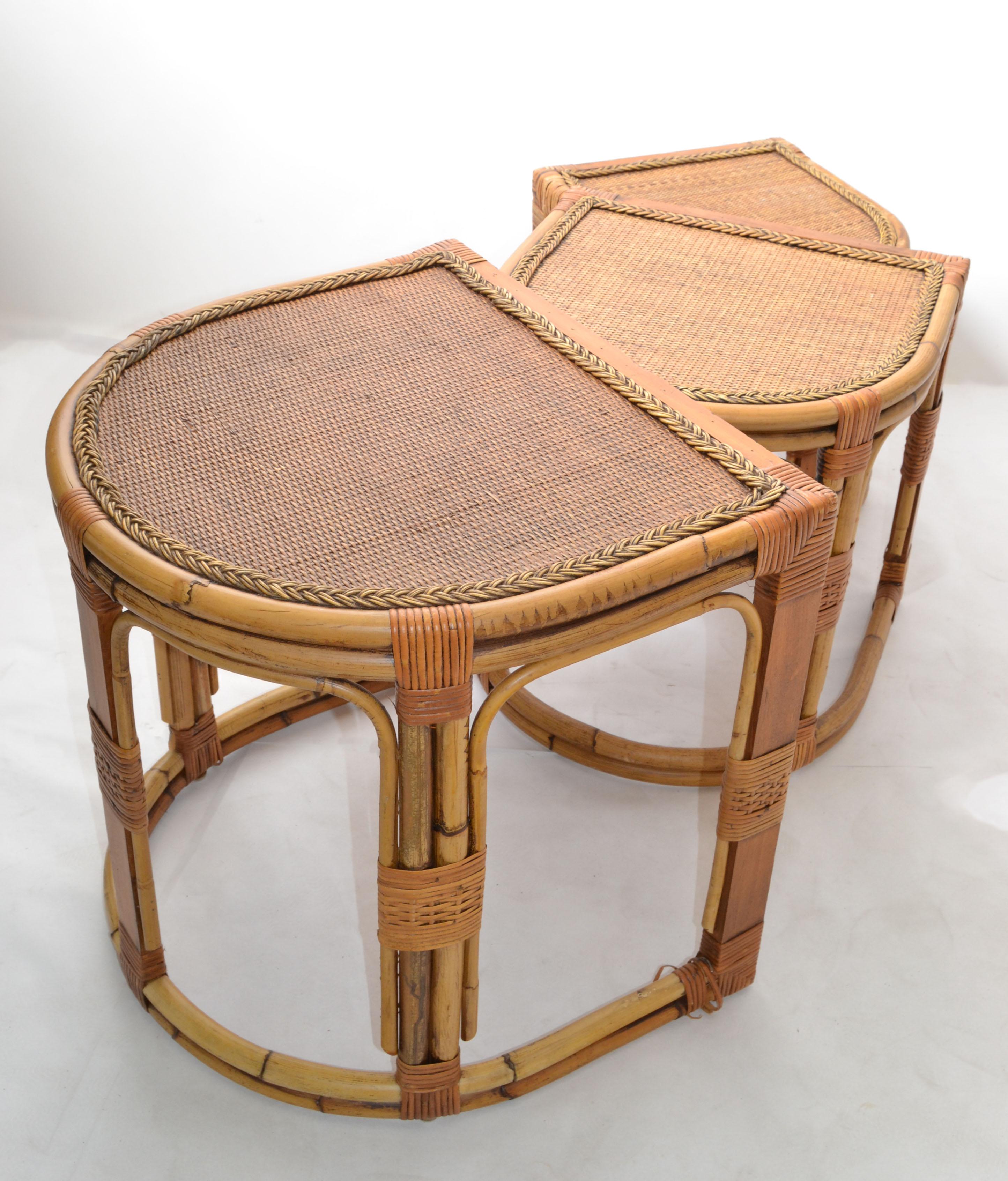 Semi-Circle Bamboo & Cane Nesting Tables / Stacking Tables Handcrafted, Set of 3 For Sale 6