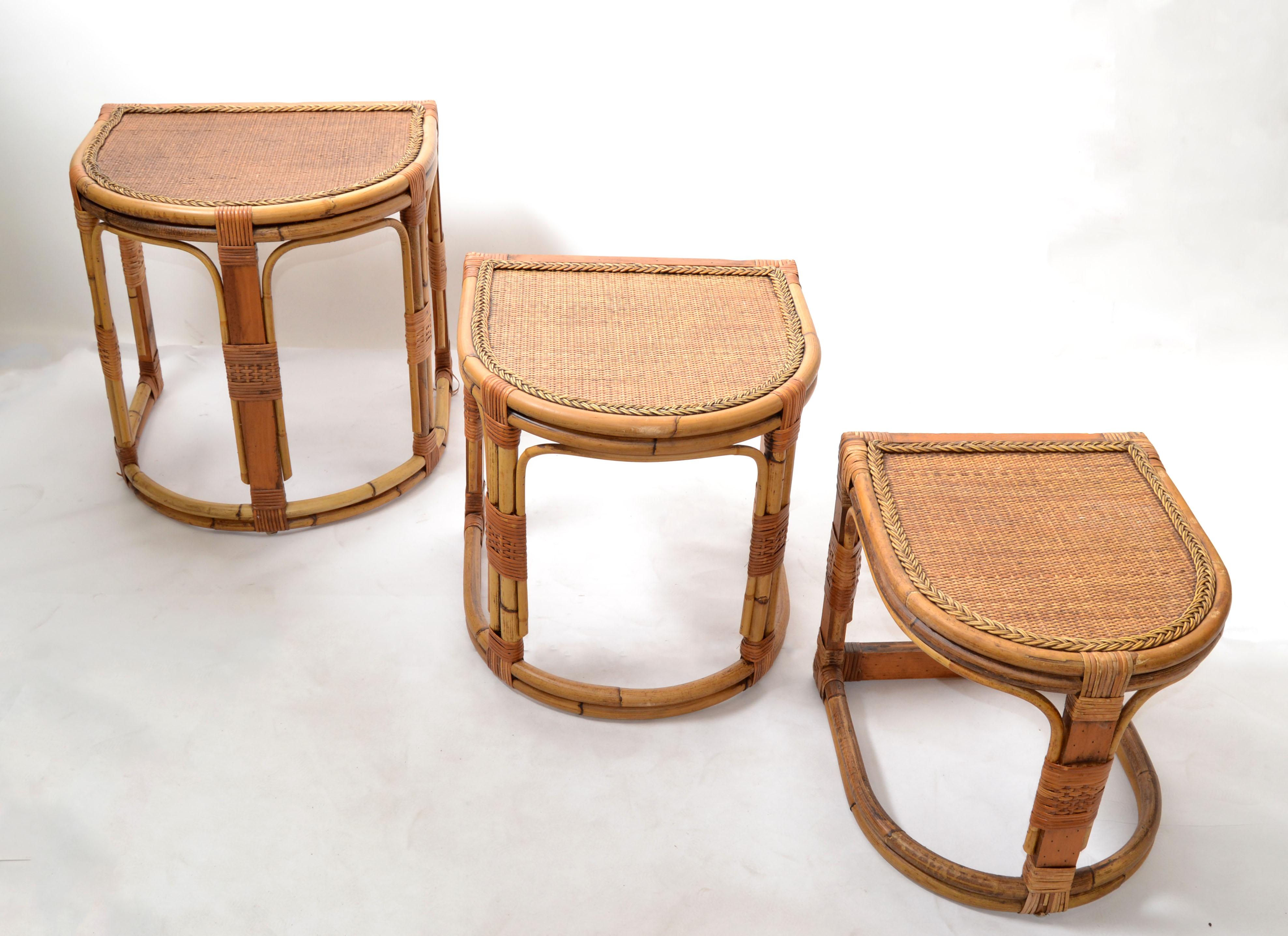 Bohemian Semi-Circle Bamboo & Cane Nesting Tables / Stacking Tables Handcrafted, Set of 3 For Sale