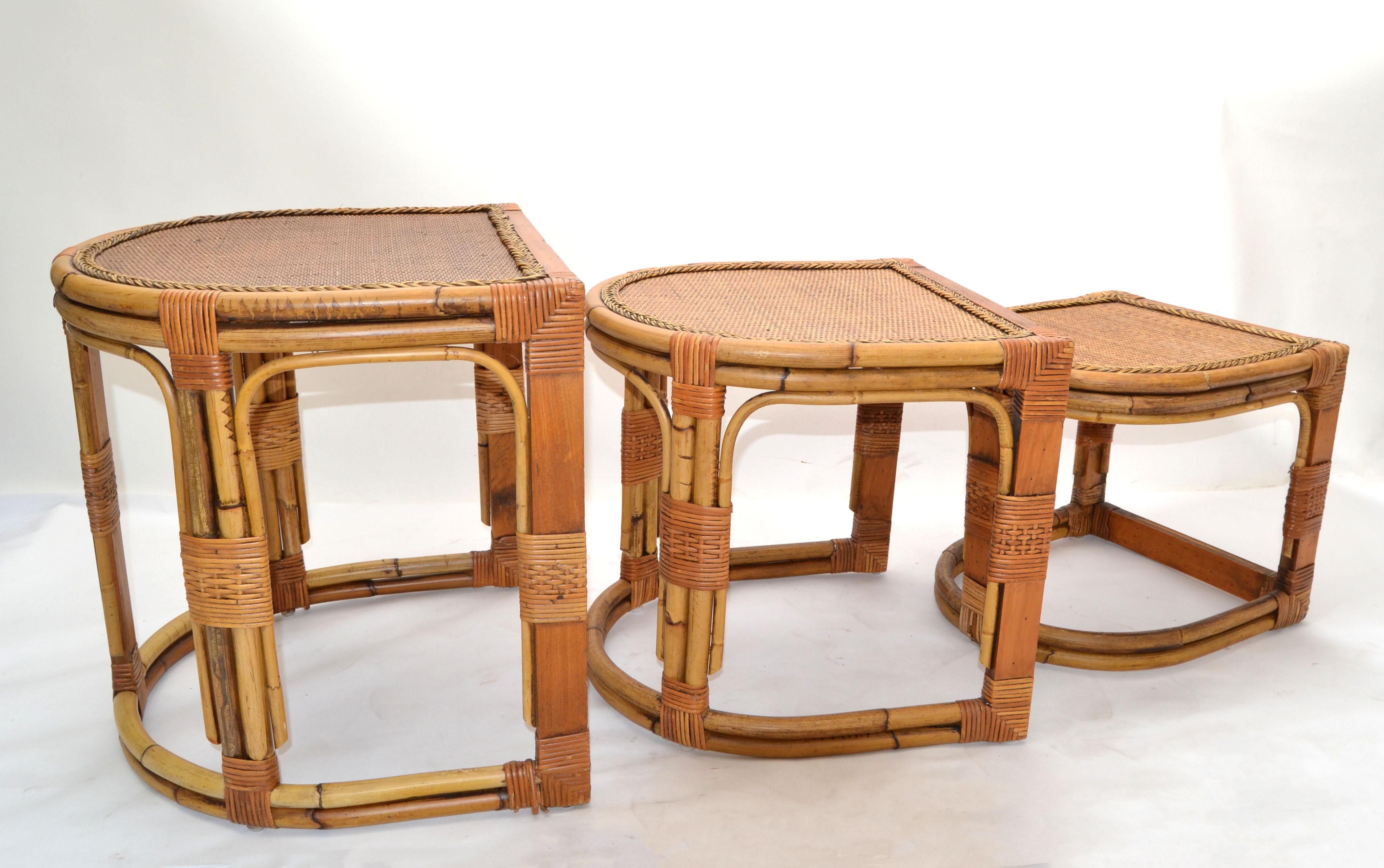 American Semi-Circle Bamboo & Cane Nesting Tables / Stacking Tables Handcrafted, Set of 3 For Sale