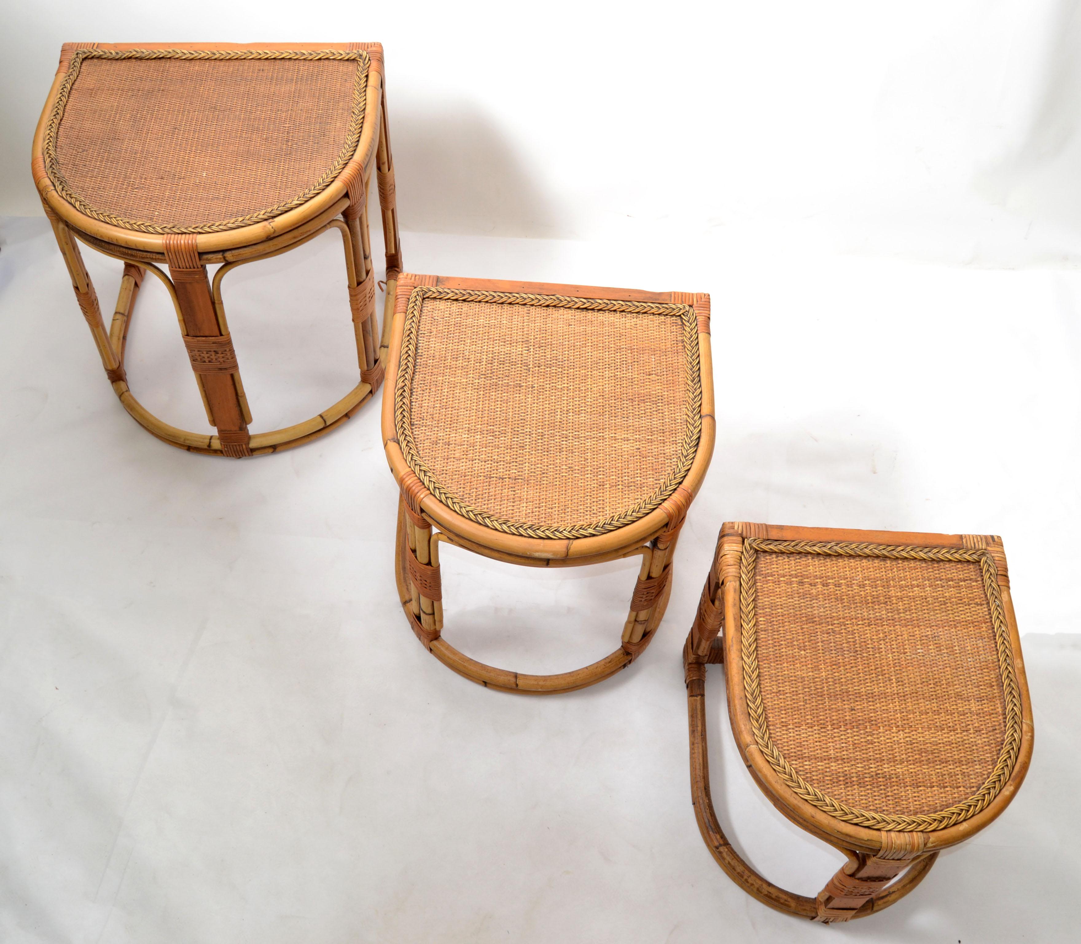 Hand-Crafted Semi-Circle Bamboo & Cane Nesting Tables / Stacking Tables Handcrafted, Set of 3 For Sale