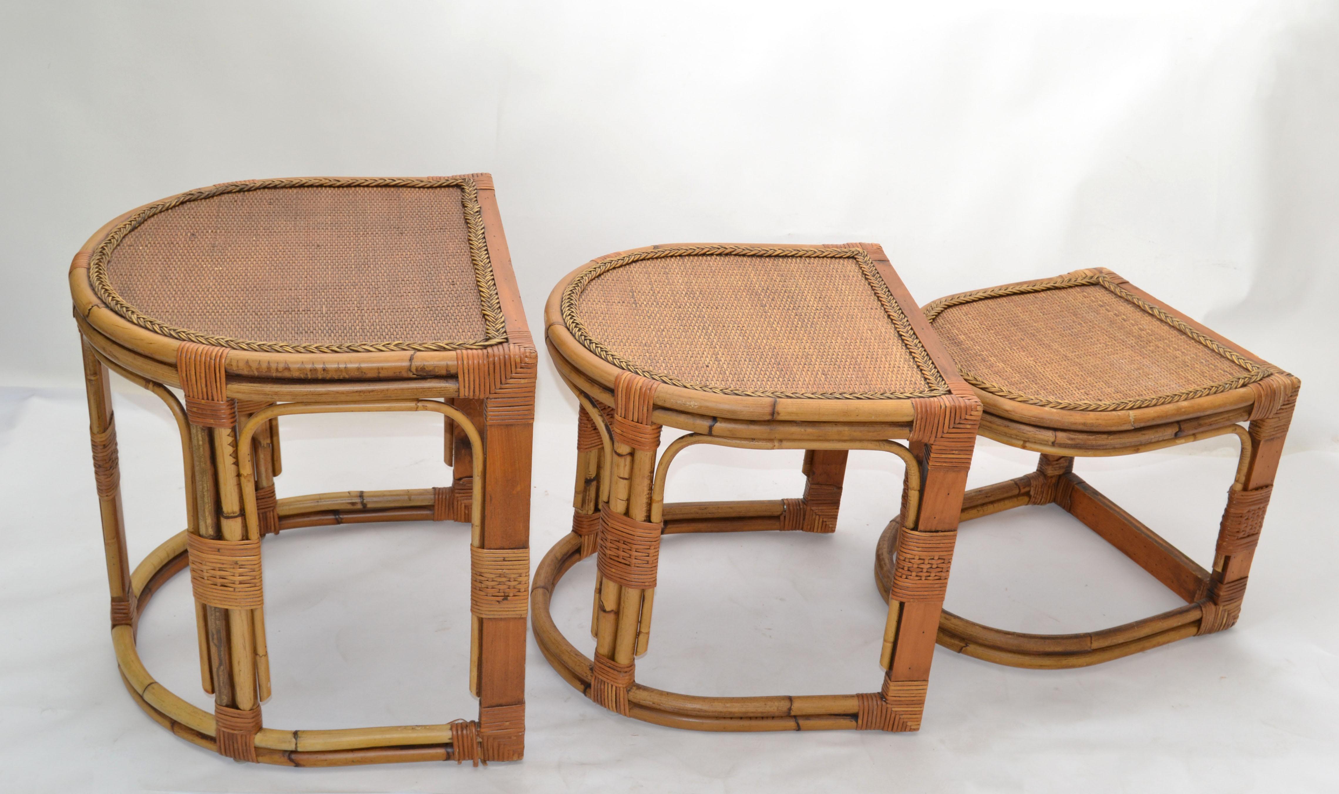 Semi-Circle Bamboo & Cane Nesting Tables / Stacking Tables Handcrafted, Set of 3 In Good Condition For Sale In Miami, FL