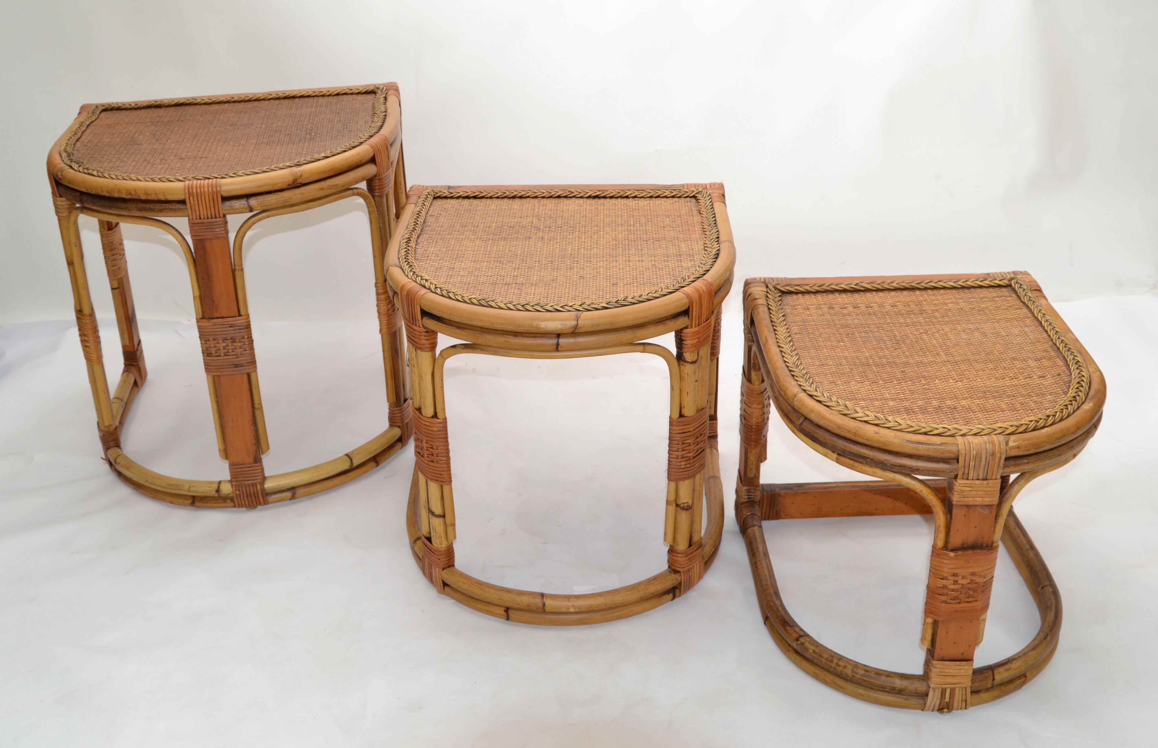 Late 20th Century Semi-Circle Bamboo & Cane Nesting Tables / Stacking Tables Handcrafted, Set of 3 For Sale