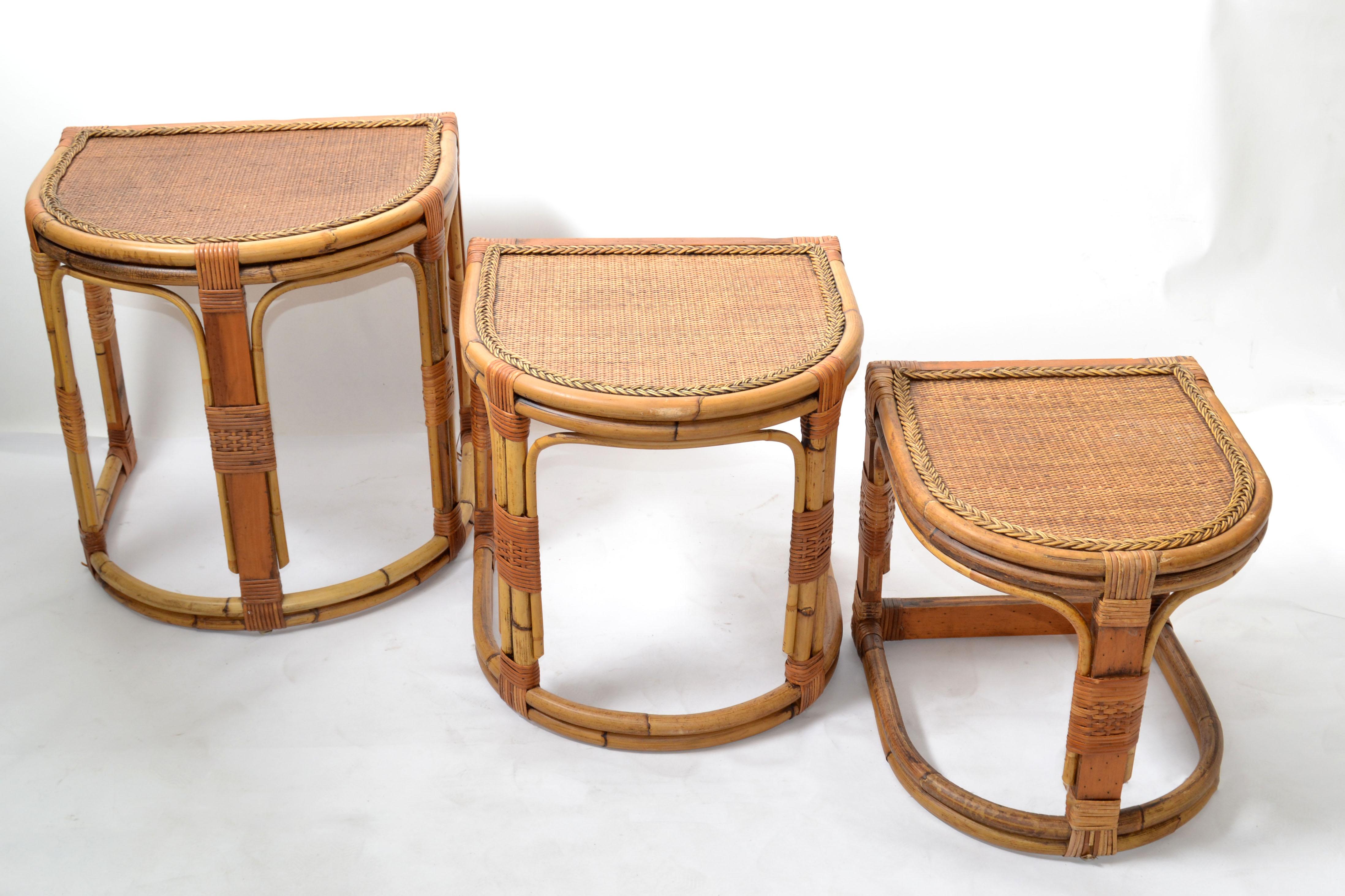 Semi-Circle Bamboo & Cane Nesting Tables / Stacking Tables Handcrafted, Set of 3 For Sale 1