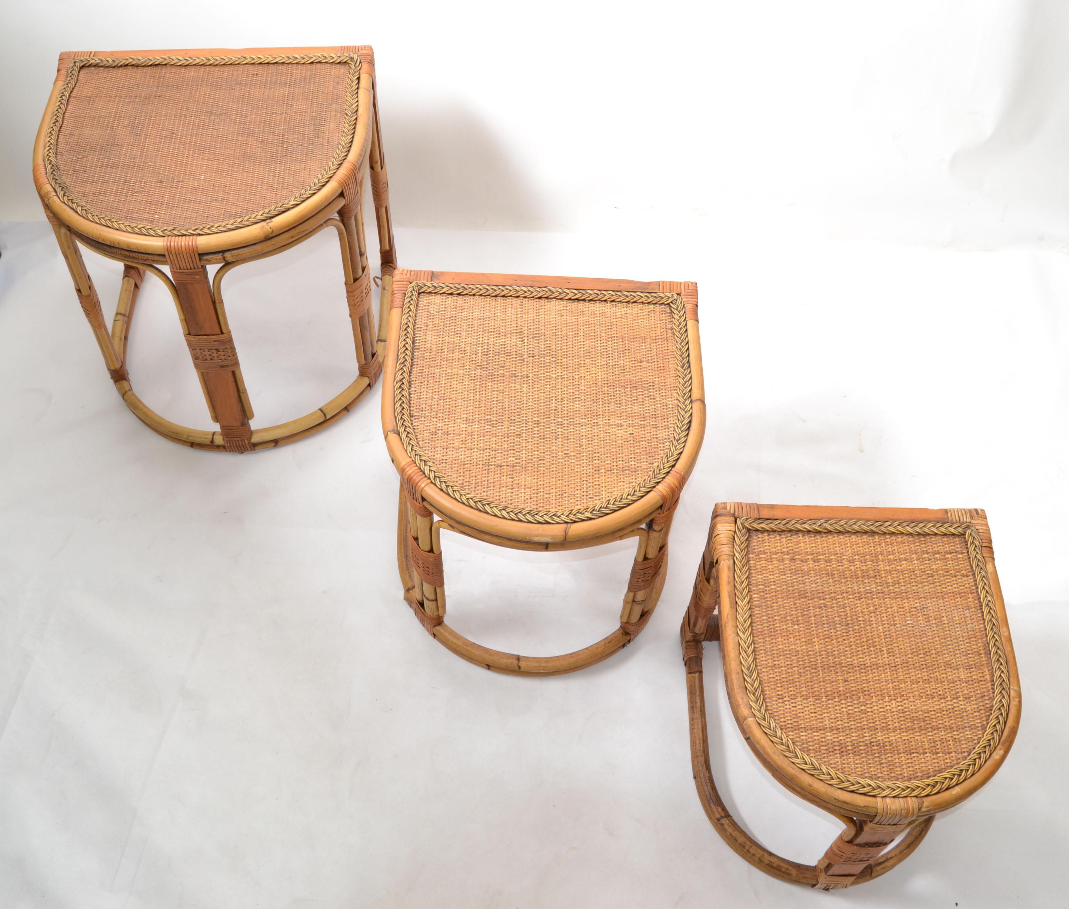 Semi-Circle Bamboo & Cane Nesting Tables / Stacking Tables Handcrafted, Set of 3 For Sale 2