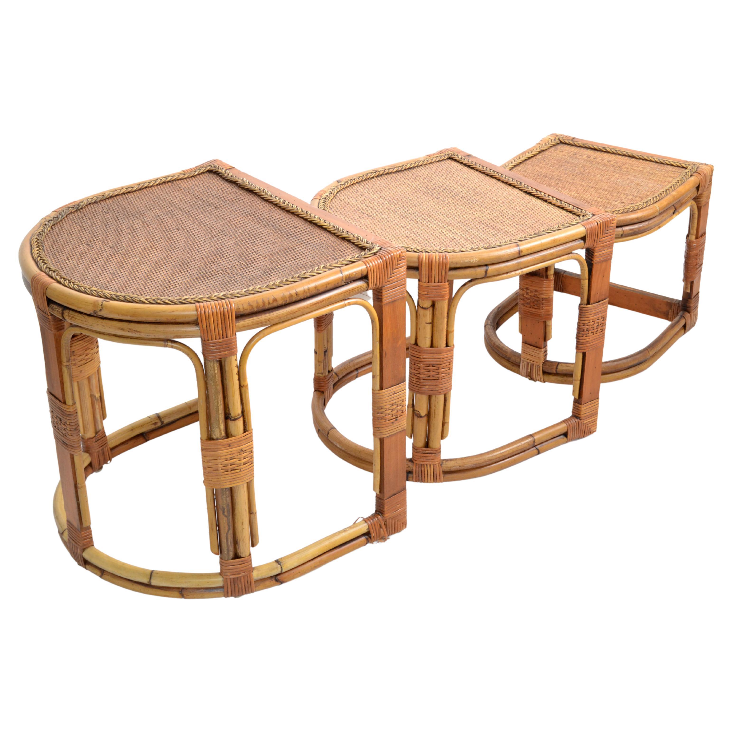Semi-Circle Bamboo & Cane Nesting Tables / Stacking Tables Handcrafted, Set of 3 For Sale
