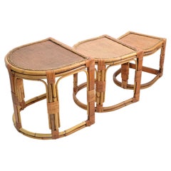 Semi-Circle Bamboo & Cane Nesting Tables / Stacking Tables Handcrafted, Set of 3