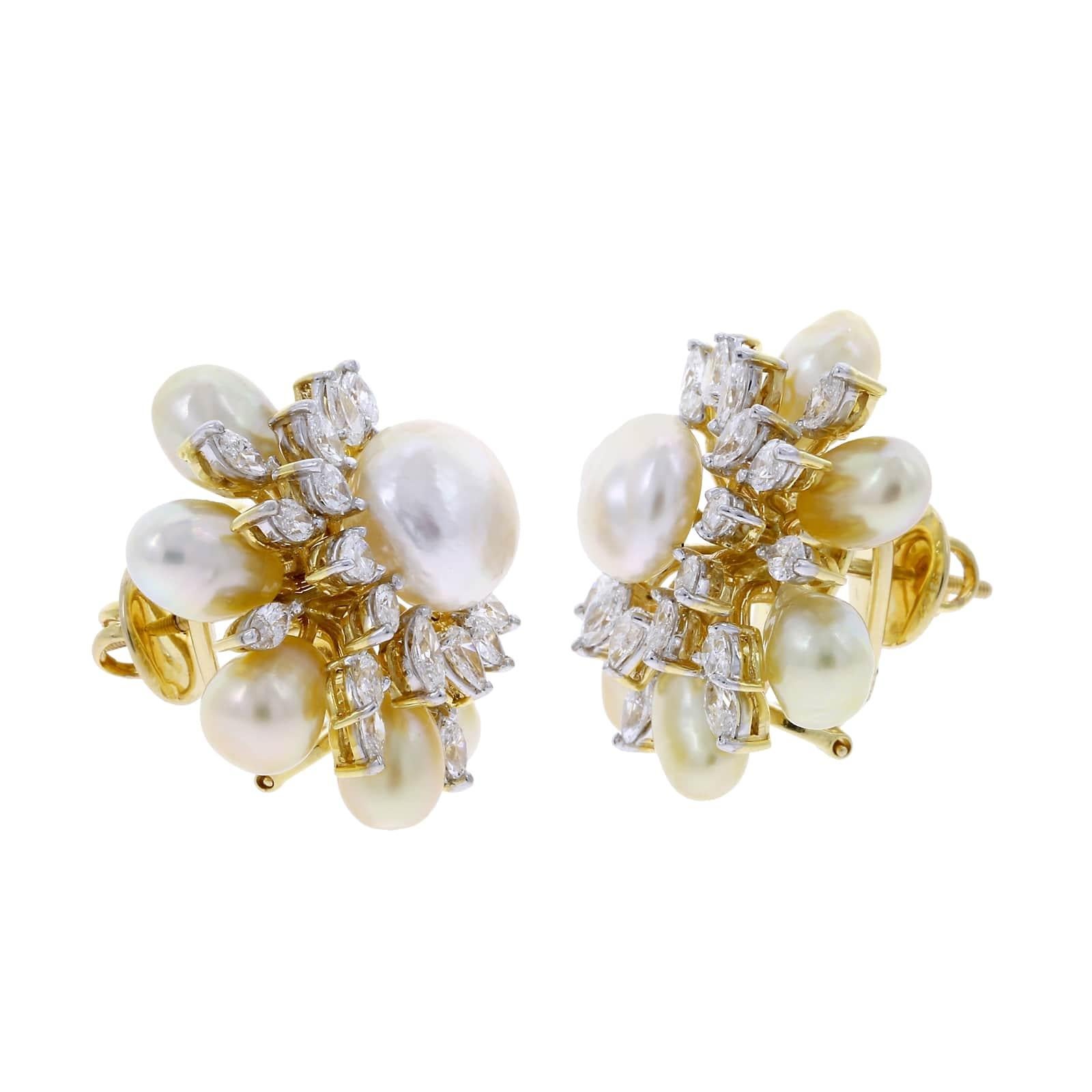 Semi-Circle Pearl and Diamond Earrings, 18 Karat Yellow Gold In New Condition In New York, NY