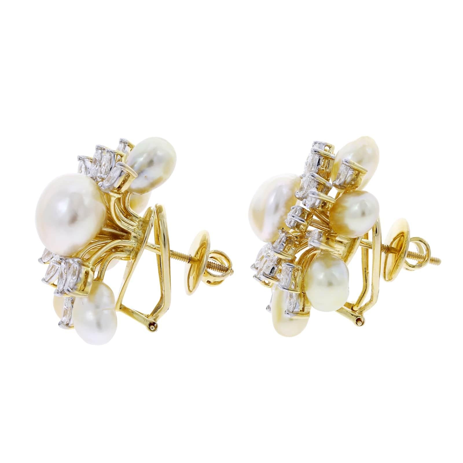 Women's or Men's Semi-Circle Pearl and Diamond Earrings, 18 Karat Yellow Gold