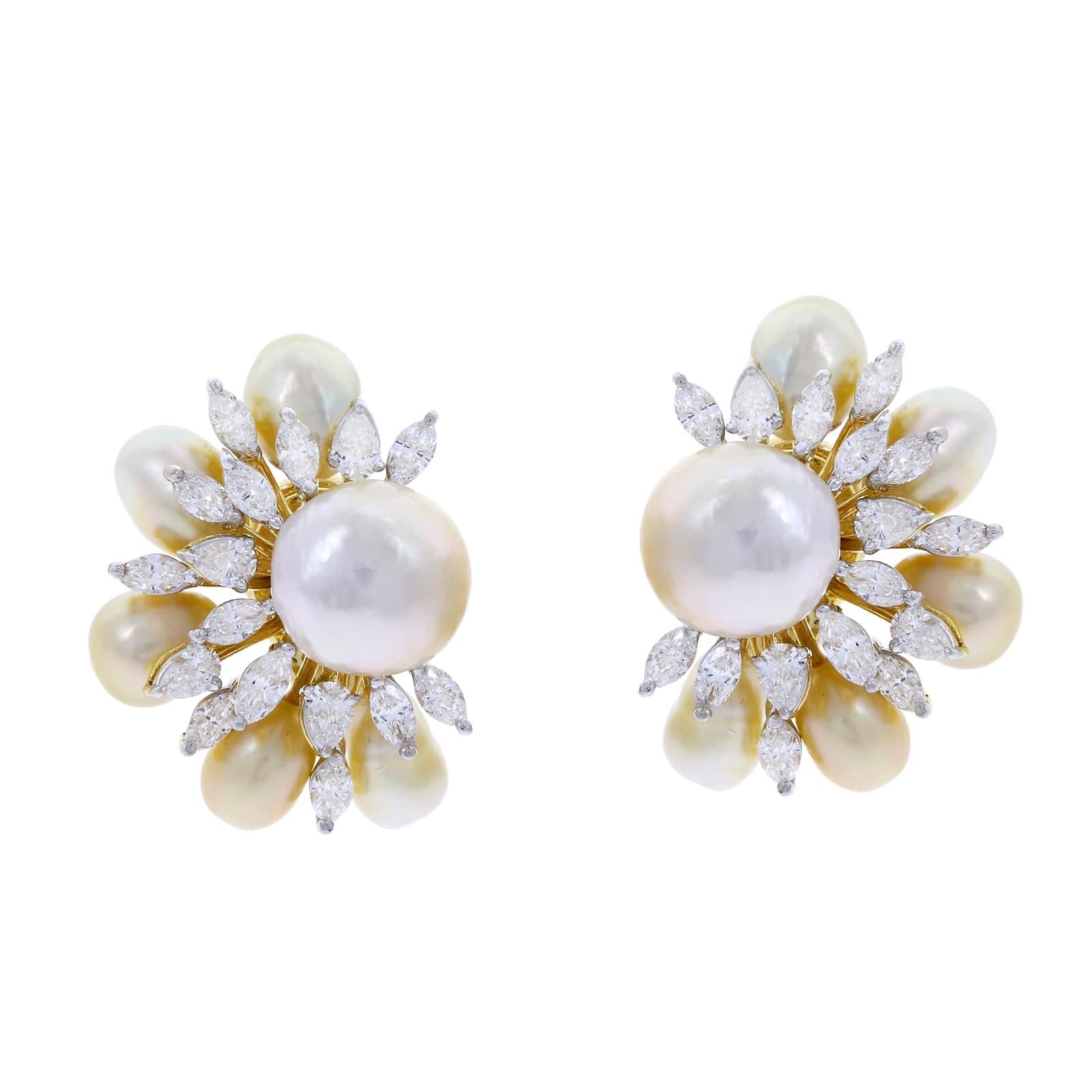 Semi-Circle Pearl and Diamond Earrings, 18 Karat Yellow Gold