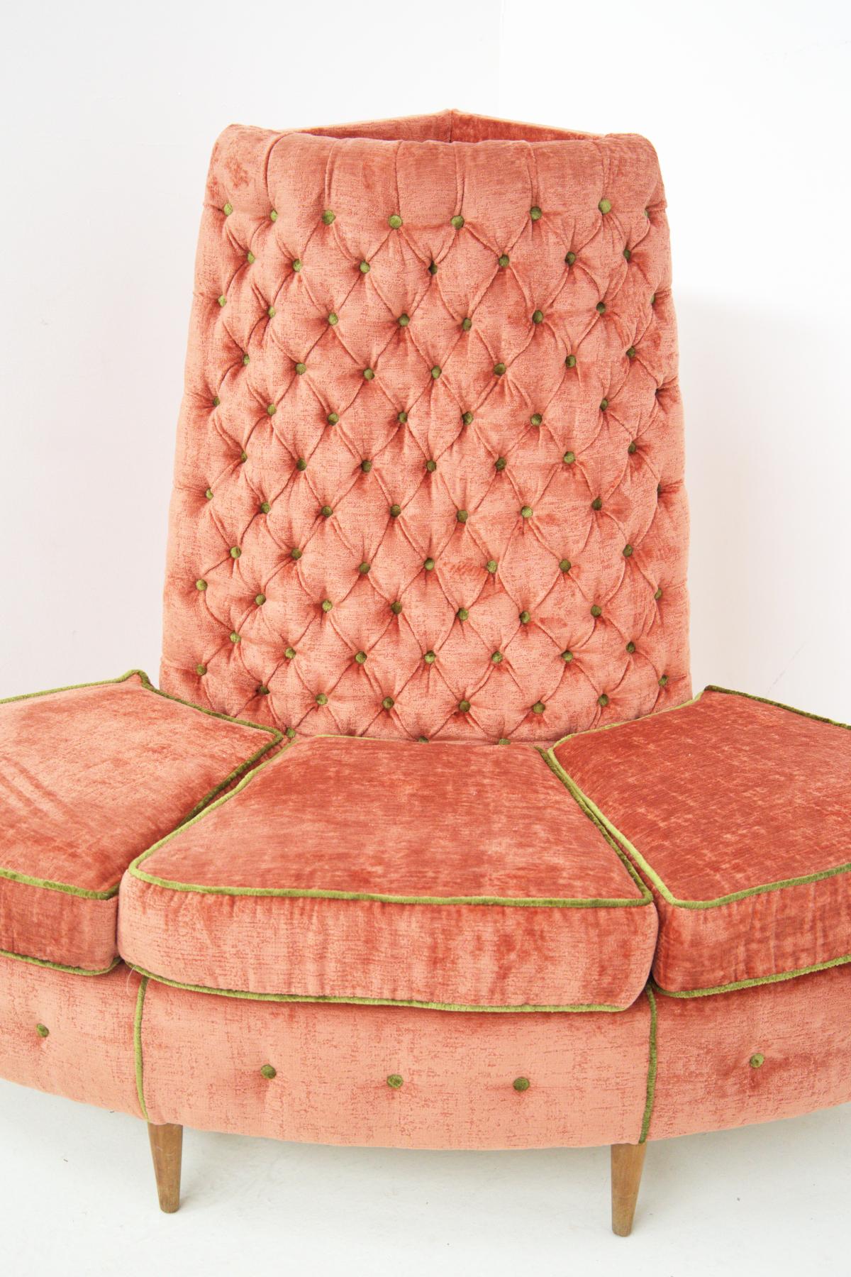 Mid-Century Modern Semi Circular Corner Sofa in Pink and Green Velvet