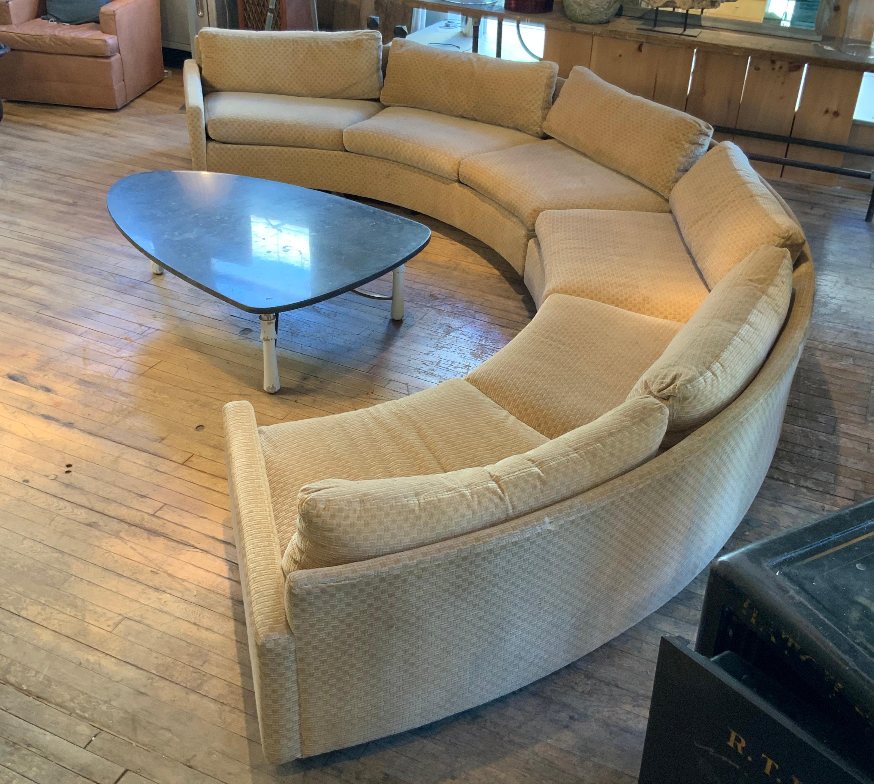 An outstanding large curved semi-circular sectional sofa designed by Milo Baughman for Thayer Coggin, circa 1970. Fantastic shape and proportions make this a very comfortable sofa. Can be placed with both sections together making a complete
