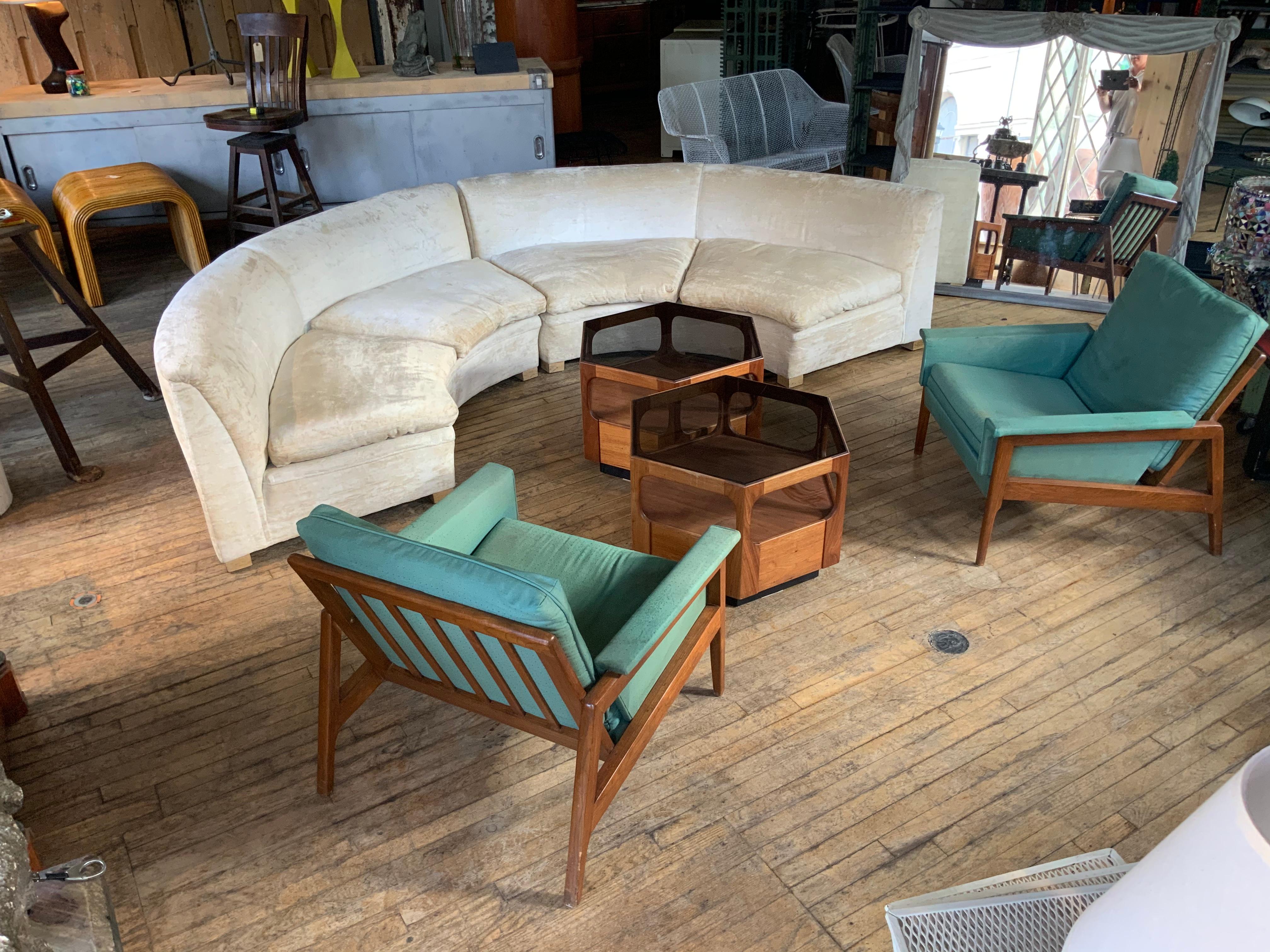 An outstanding large curved semi-circular sectional sofa designed by Milo Baughman, circa 1970. Fantastic shape and proportions make this a very comfortable sofa. Can be placed with both sections together making a complete semi-circle, or with the