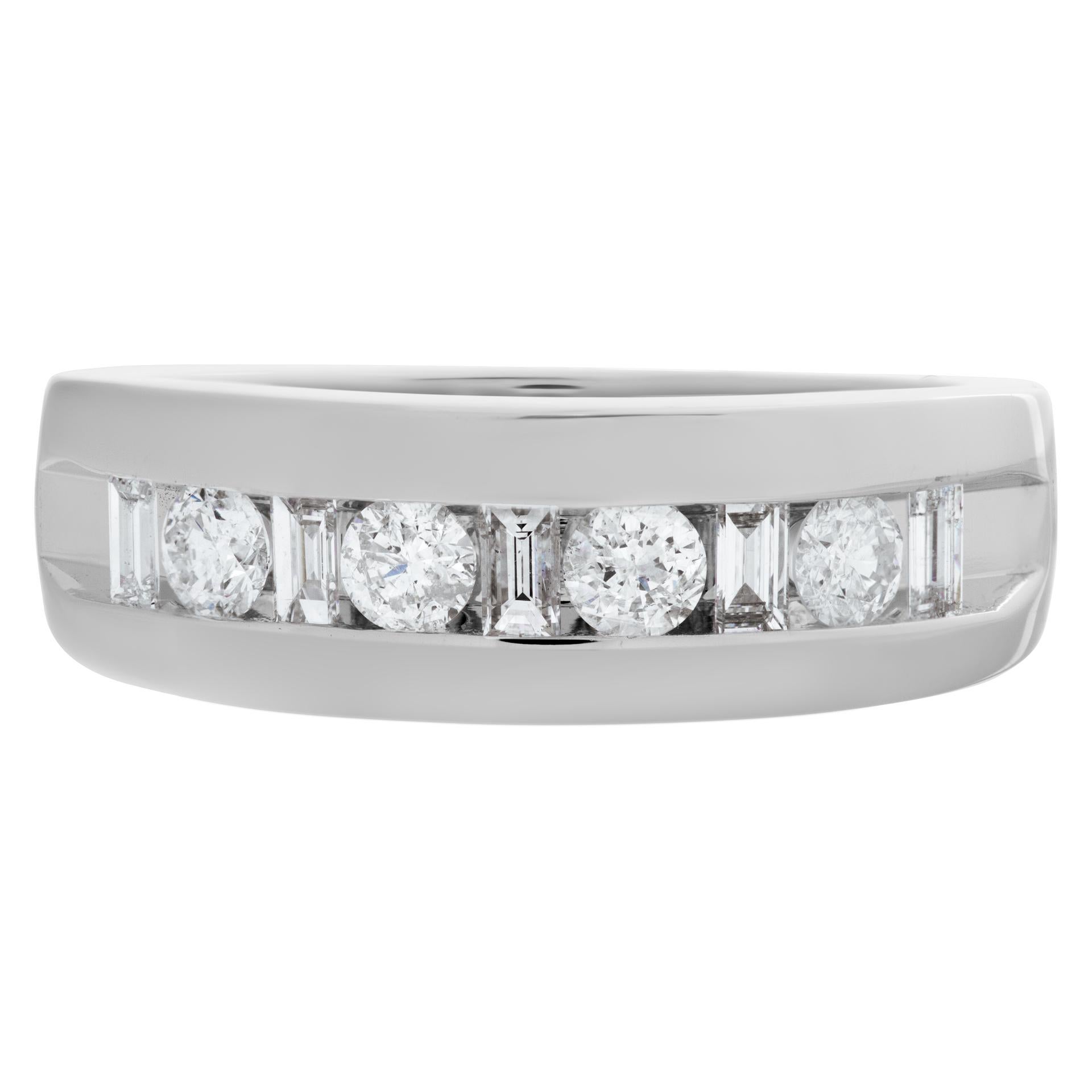 Semi eternity diamond ring in 14k white gold with approximately 0.53 carats in round and baguette diamonds. Size 6This Diamond ring is currently size 6 and some items can be sized up or down, please ask! It weighs 4.1 pennyweights and is 14k White
