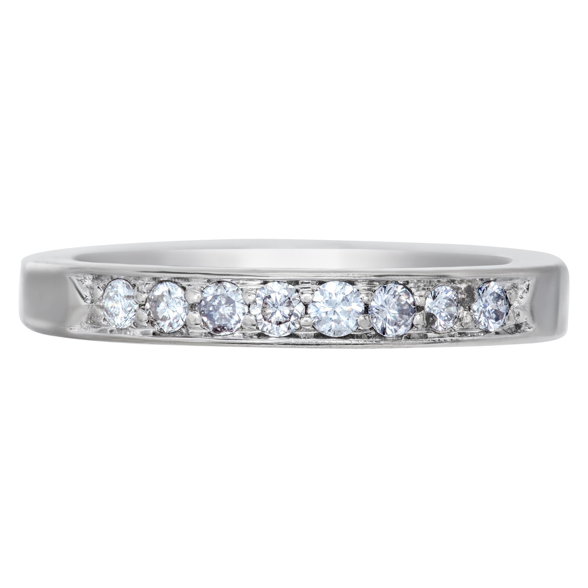 Sleek 18k white gold semi-eternity diamond ring with approx 0.50 cts in diamonds I-J color SI clarity. Size 6.25.This ring is currently size 6.25 and some items can be sized up or down, please ask! It weighs 2.8 pennyweights and is 18k White Gold.
