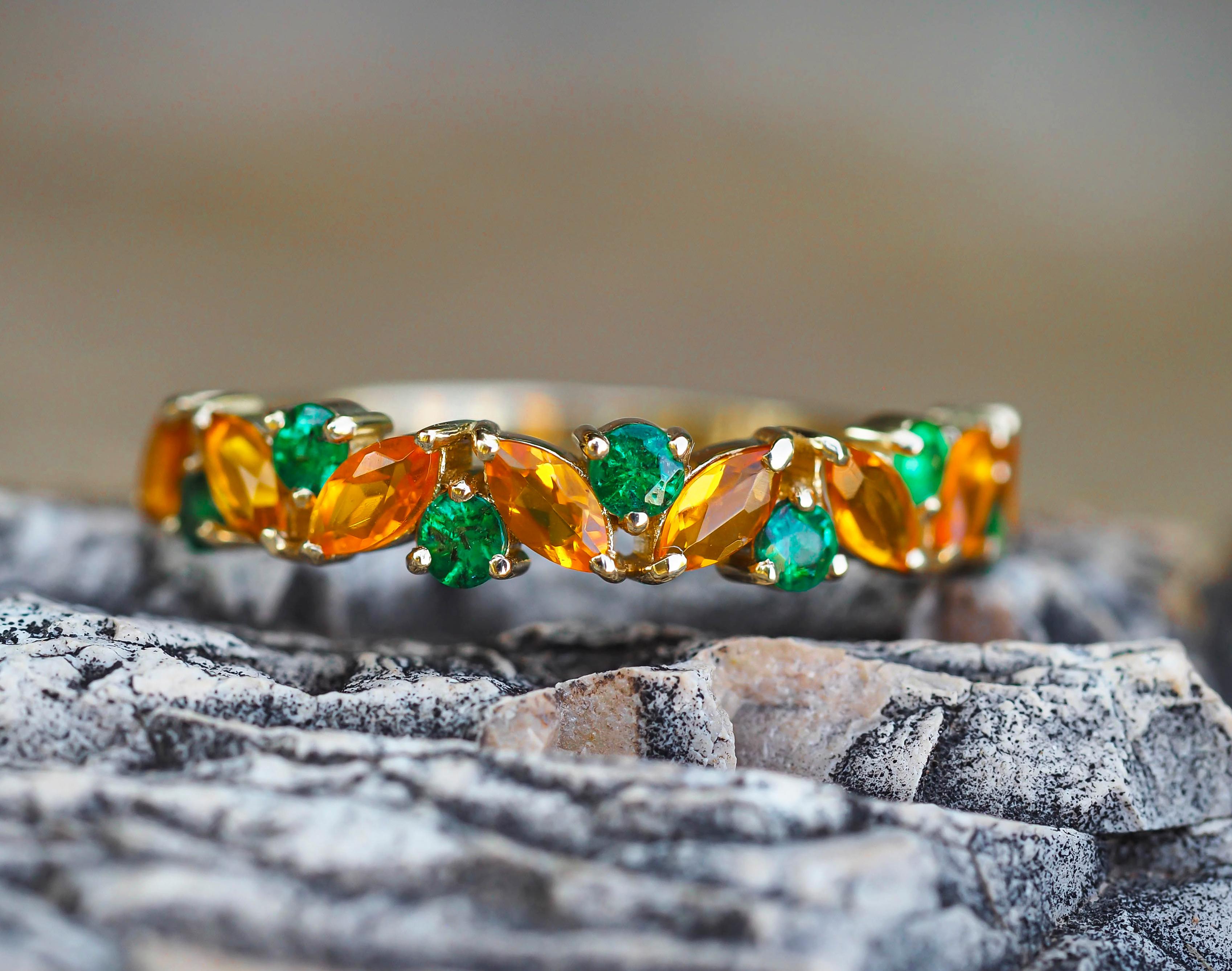 Semi eternity gold ring with opals, emeralds.  4