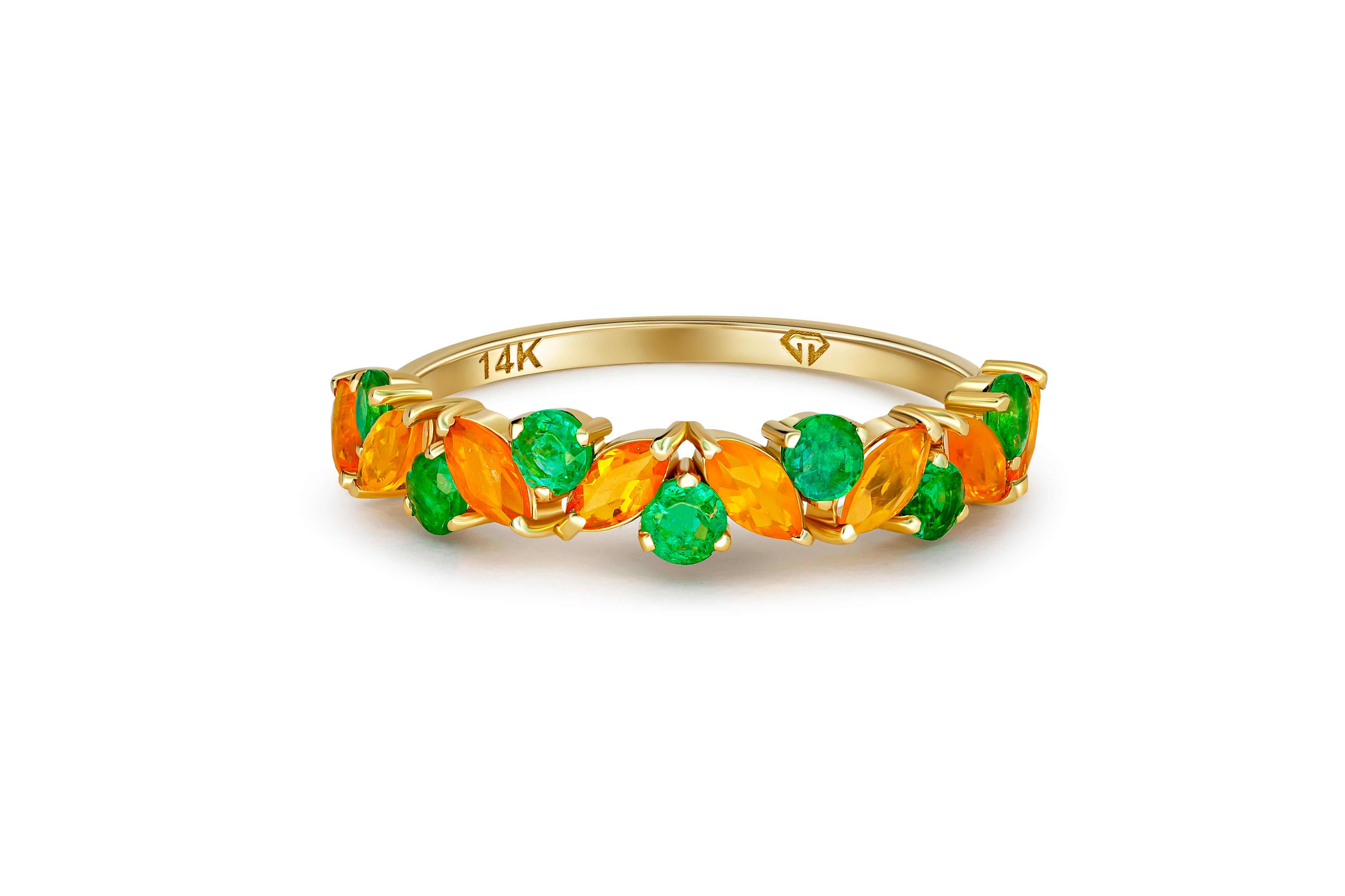 Semi eternity gold ring with opals, emeralds. 
Mexican opal gold ring. Half eternity opal, emeralds ring. Fire opal ring. Orange opal ring

Metal: 14k gold
Weight: 1.65 g. depends from size

Central stones: Opals
Cut - marquise, weight - 1 ct