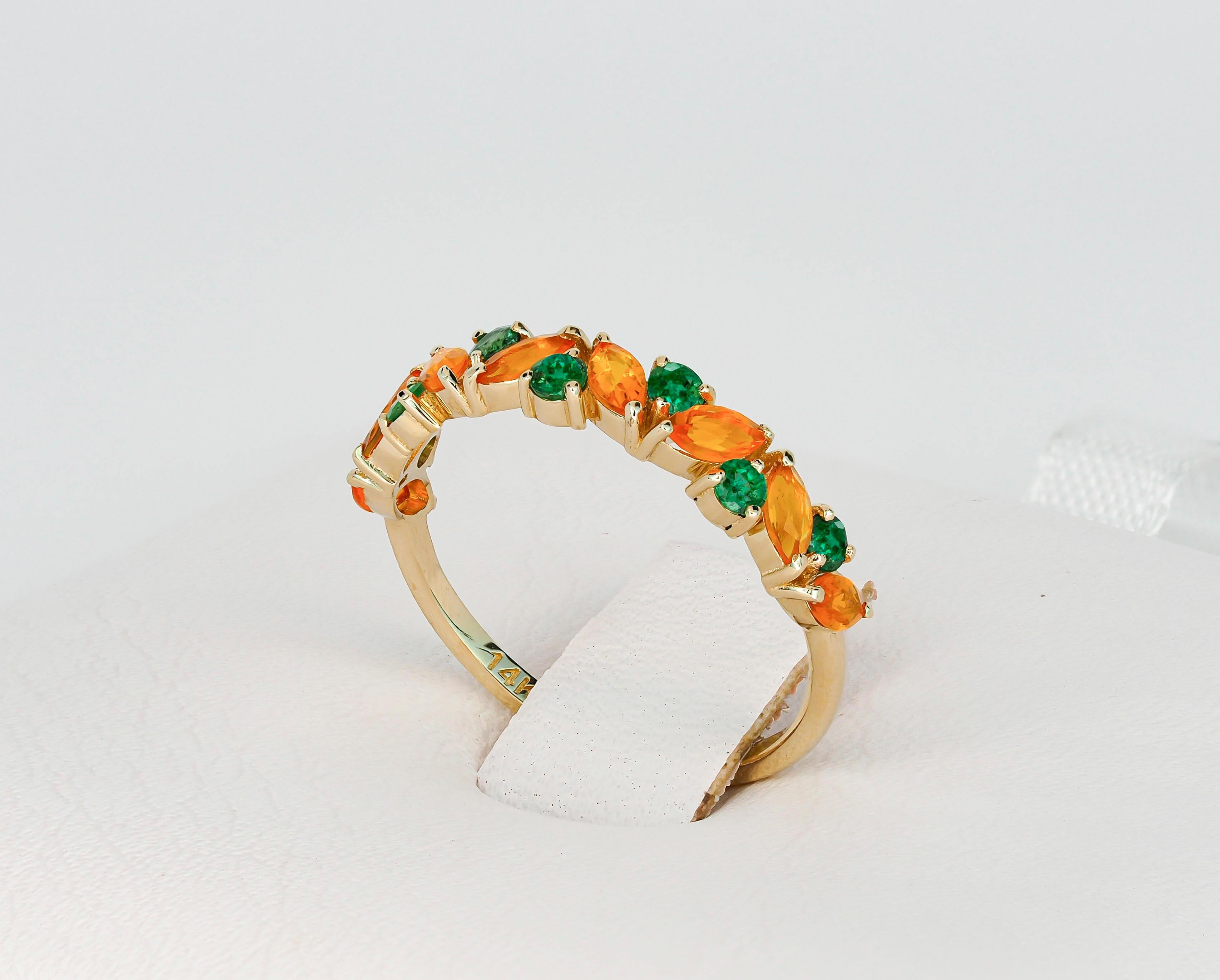 Modern Semi eternity gold ring with opals, emeralds. 