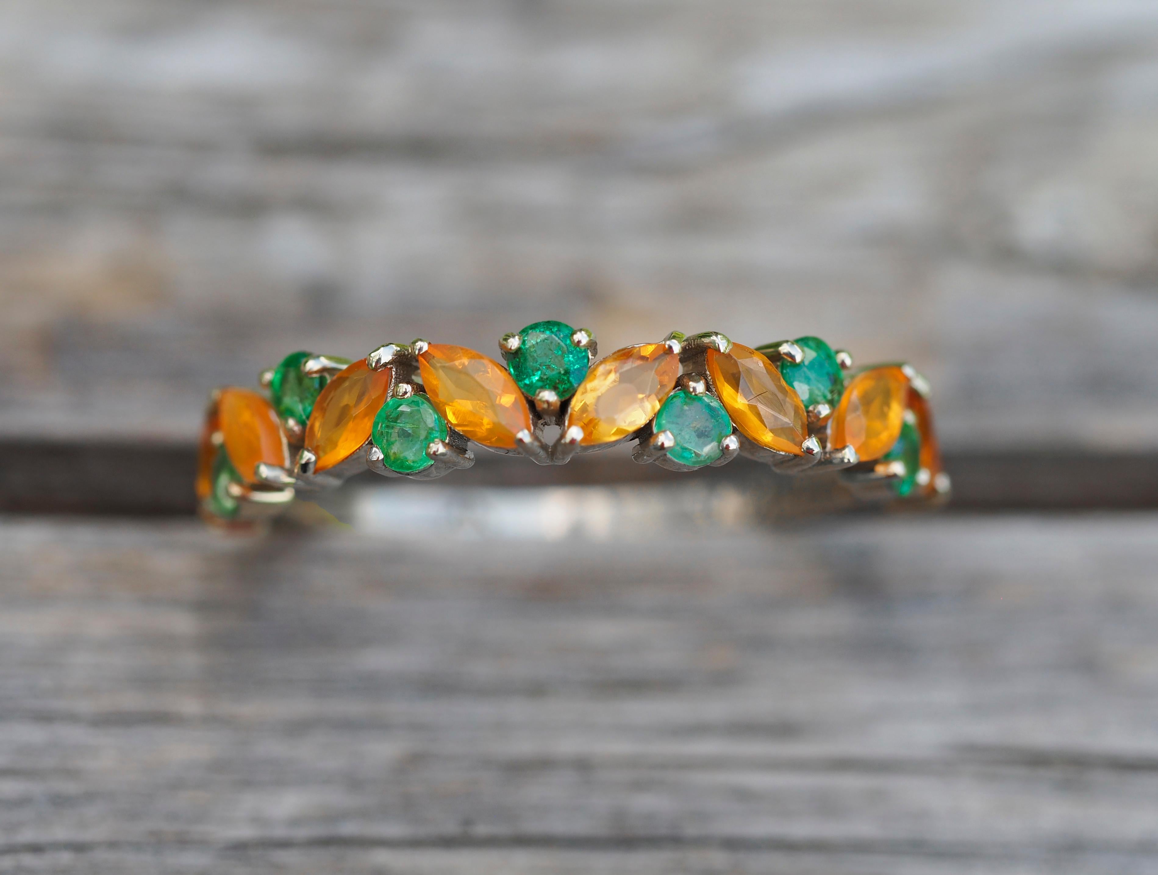 Women's Semi eternity gold ring with opals, emeralds. 