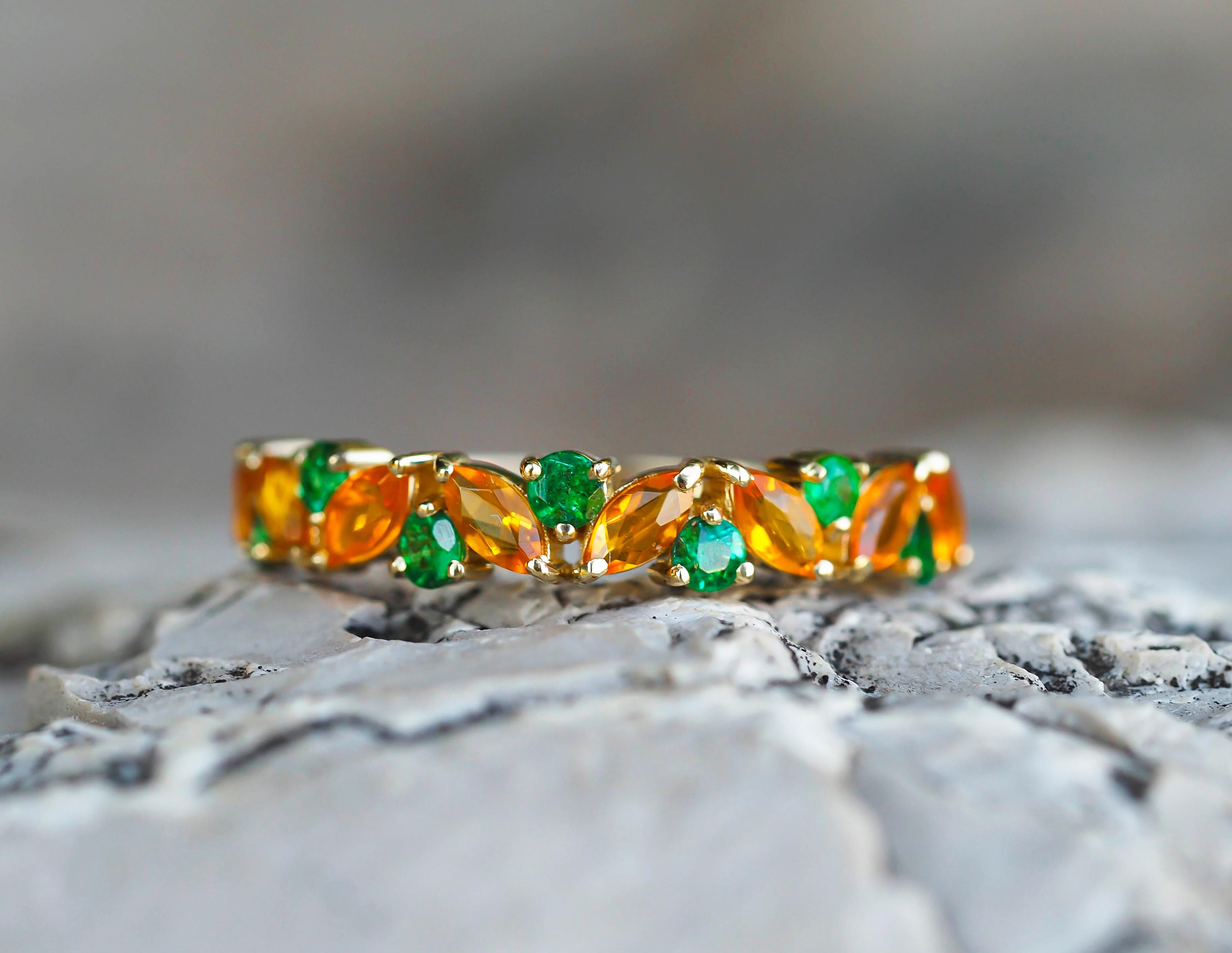 Semi eternity gold ring with opals, emeralds.  3